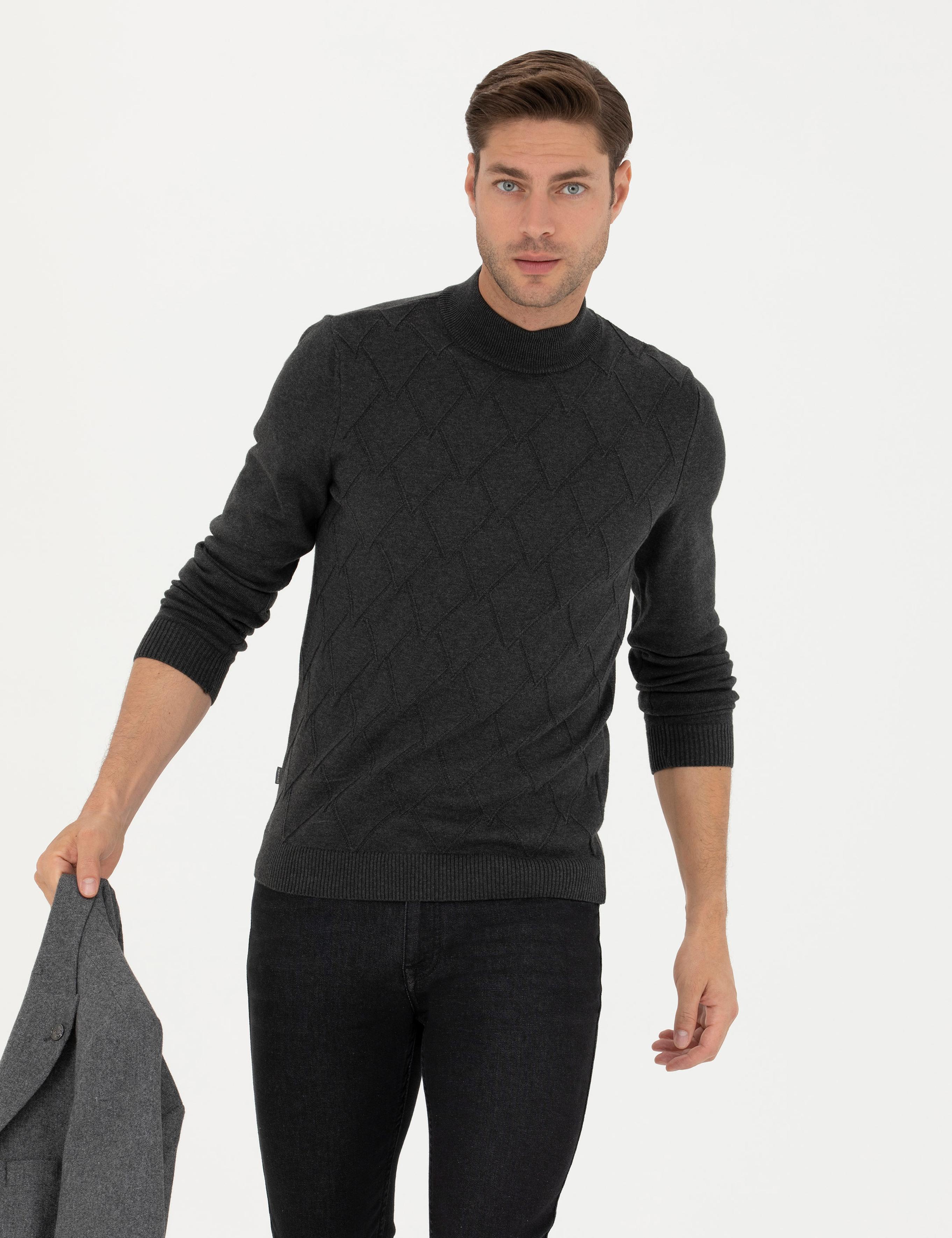 Antrasit Melanj Slim Fit Yarım Balıkçı Yaka Triko Kazak