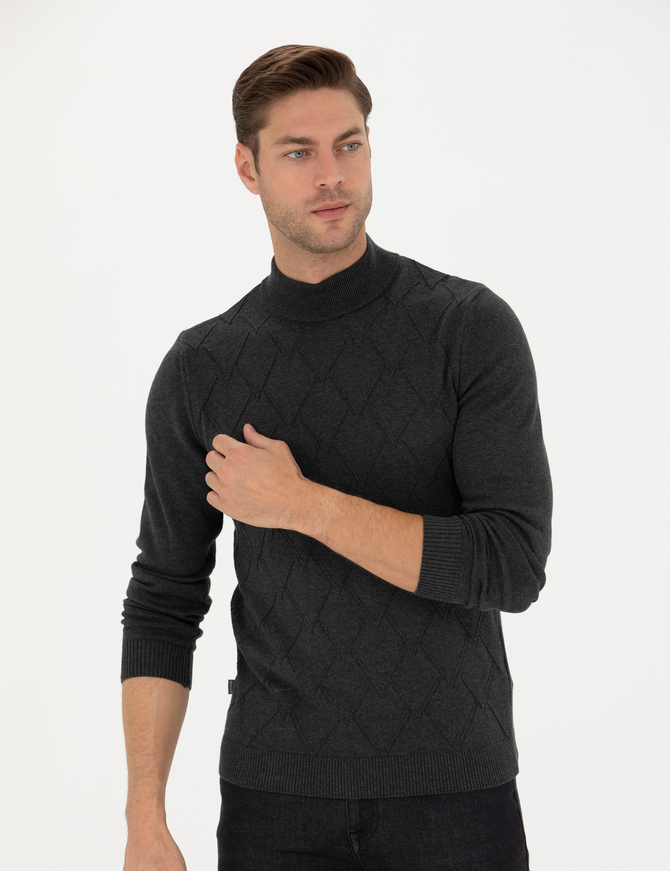 Antrasit Melanj Slim Fit Yarım Balıkçı Yaka Triko Kazak - Image 3