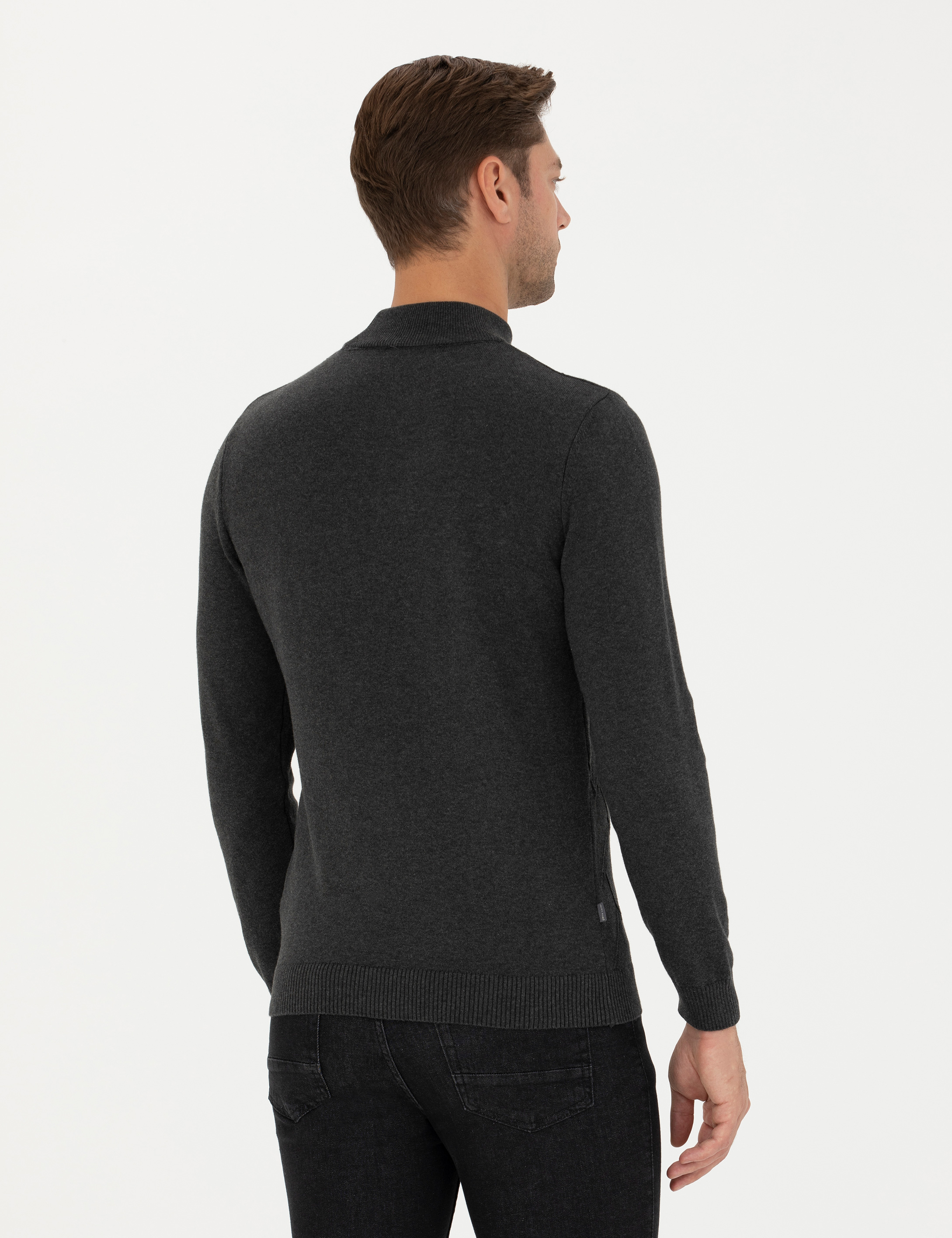 Antrasit Melanj Slim Fit Yarım Balıkçı Yaka Triko Kazak - Image 5