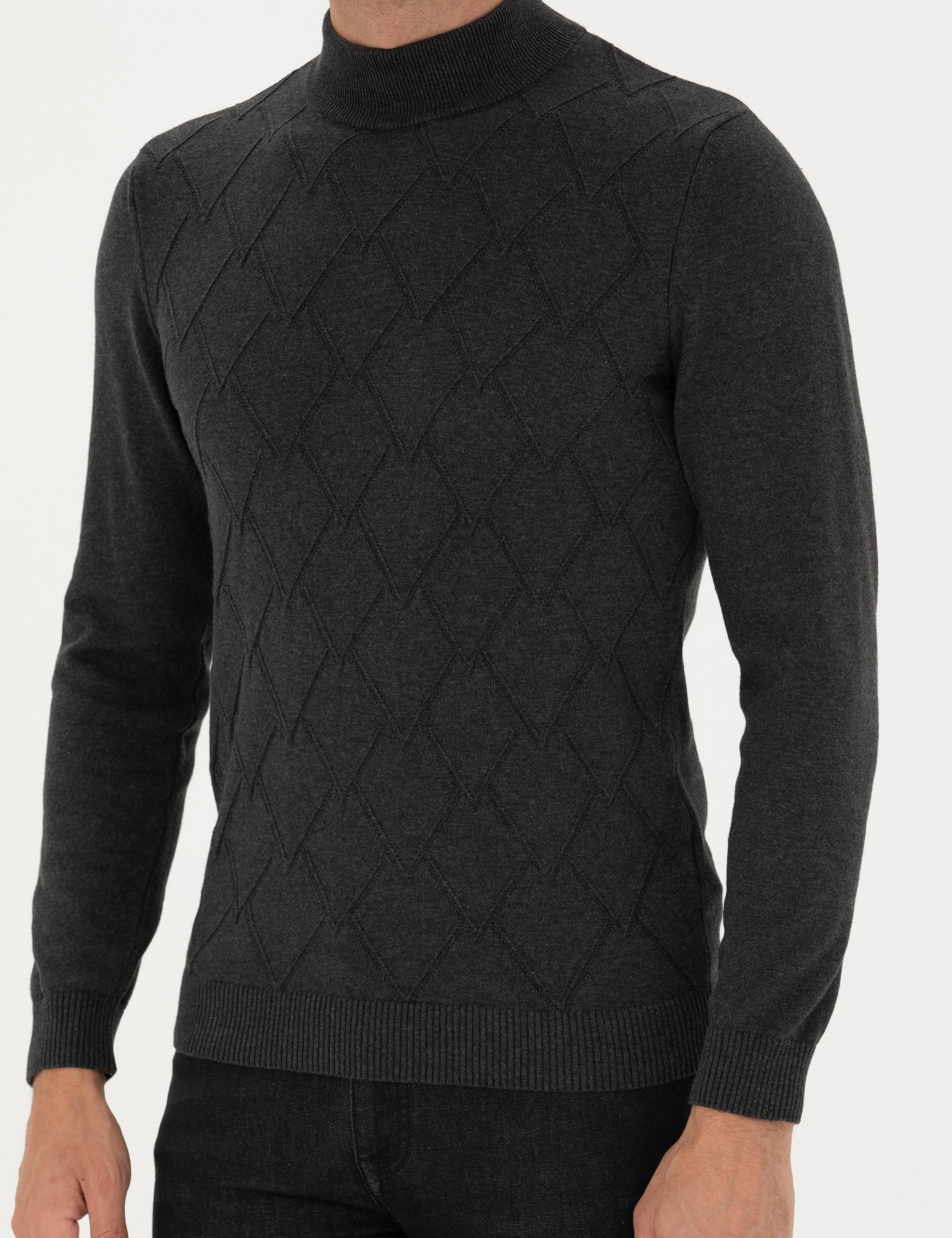 Antrasit Melanj Slim Fit Yarım Balıkçı Yaka Triko Kazak - Image 6