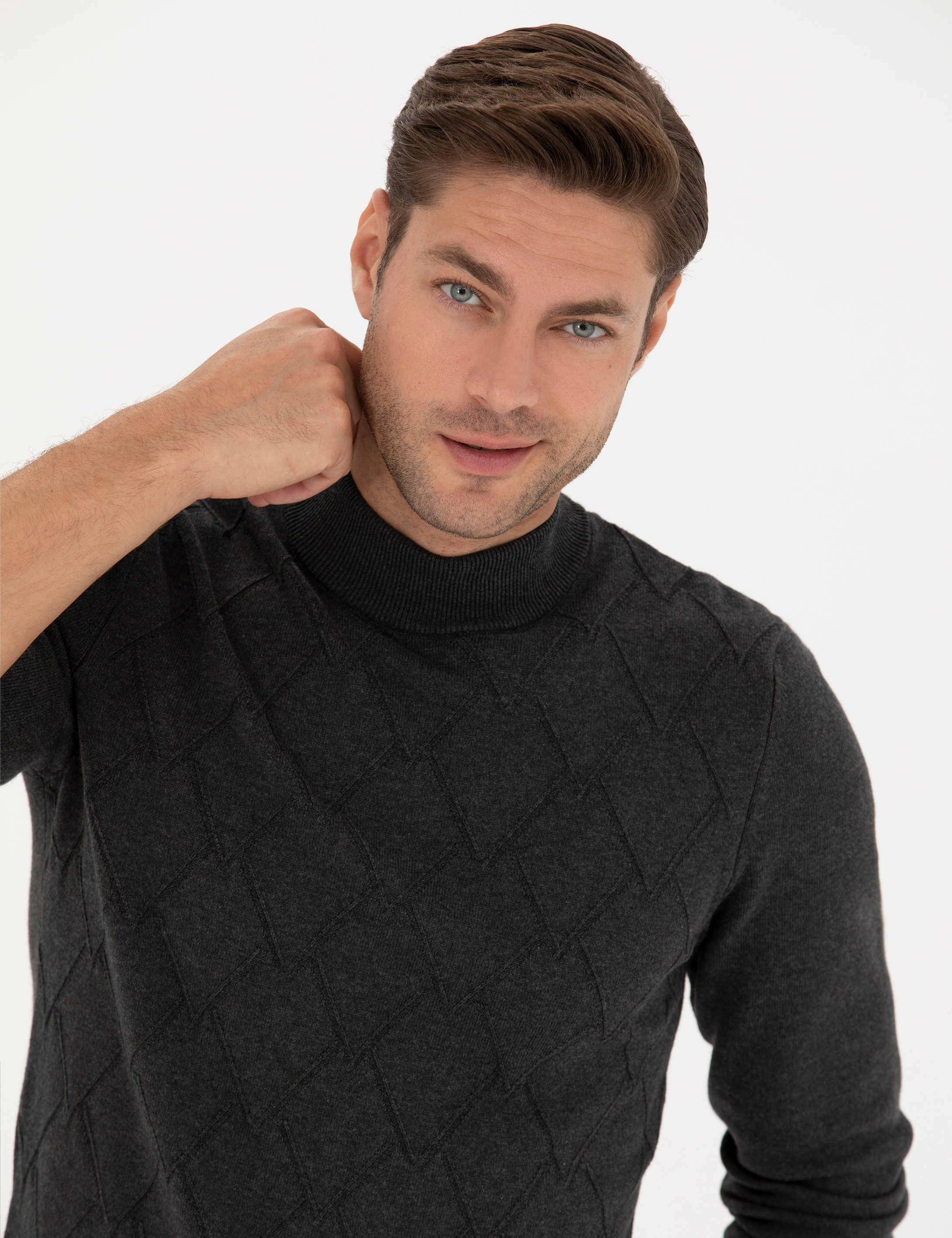 Antrasit Melanj Slim Fit Yarım Balıkçı Yaka Triko Kazak - Image 2