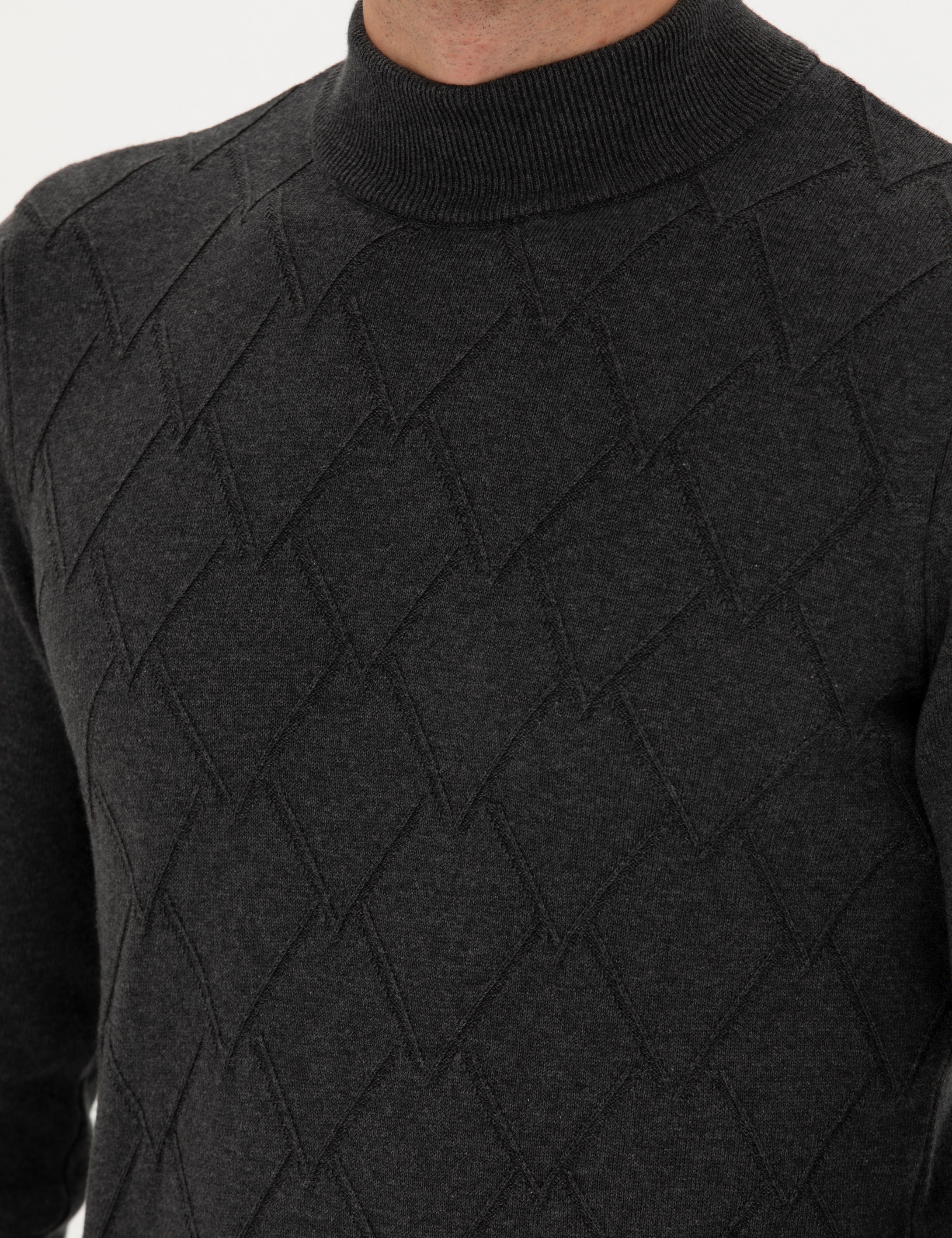 Antrasit Melanj Slim Fit Yarım Balıkçı Yaka Triko Kazak - Image 7