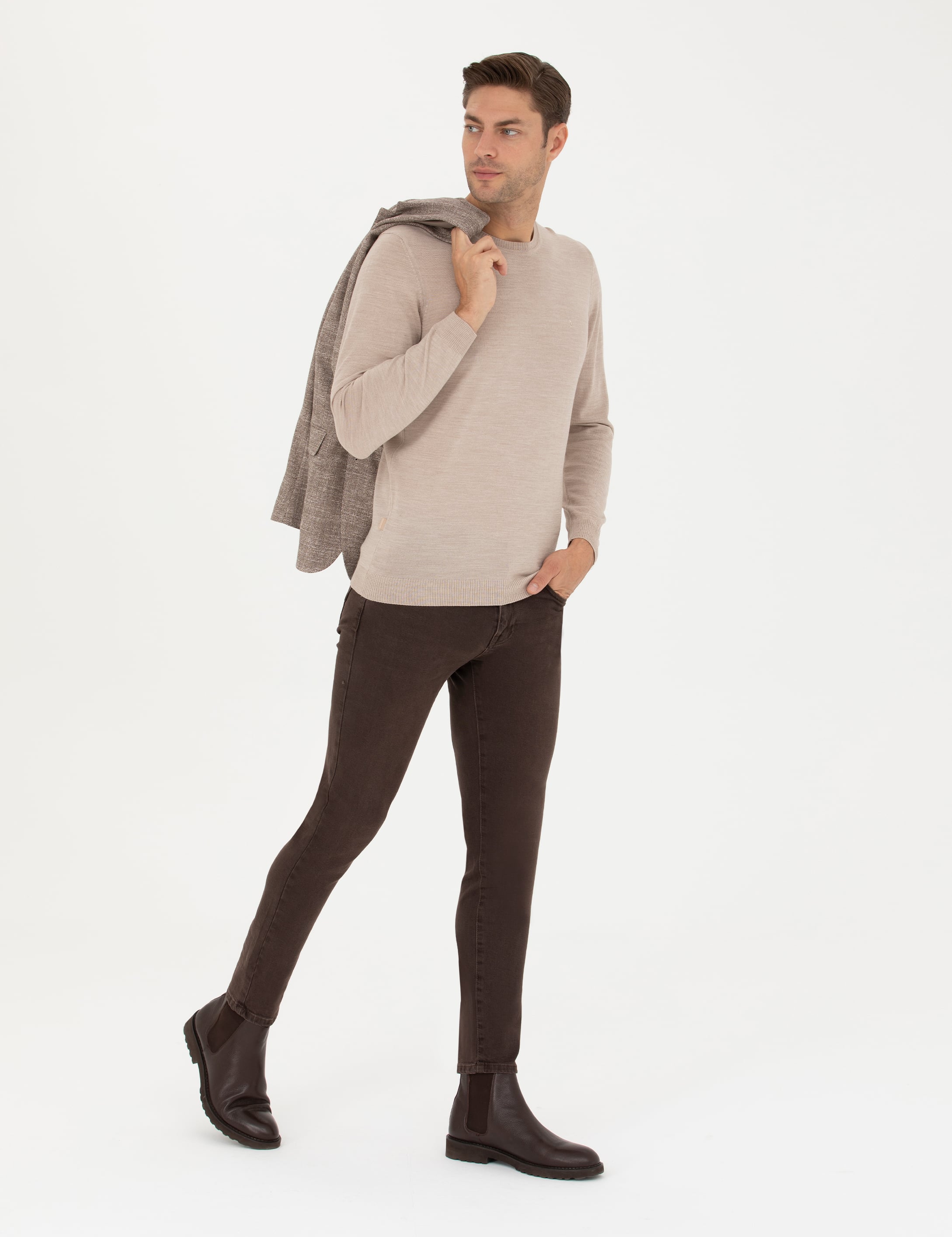 Taş Slim Fit Bisiklet Yaka Yün Karışımlı Basic Triko Kazak