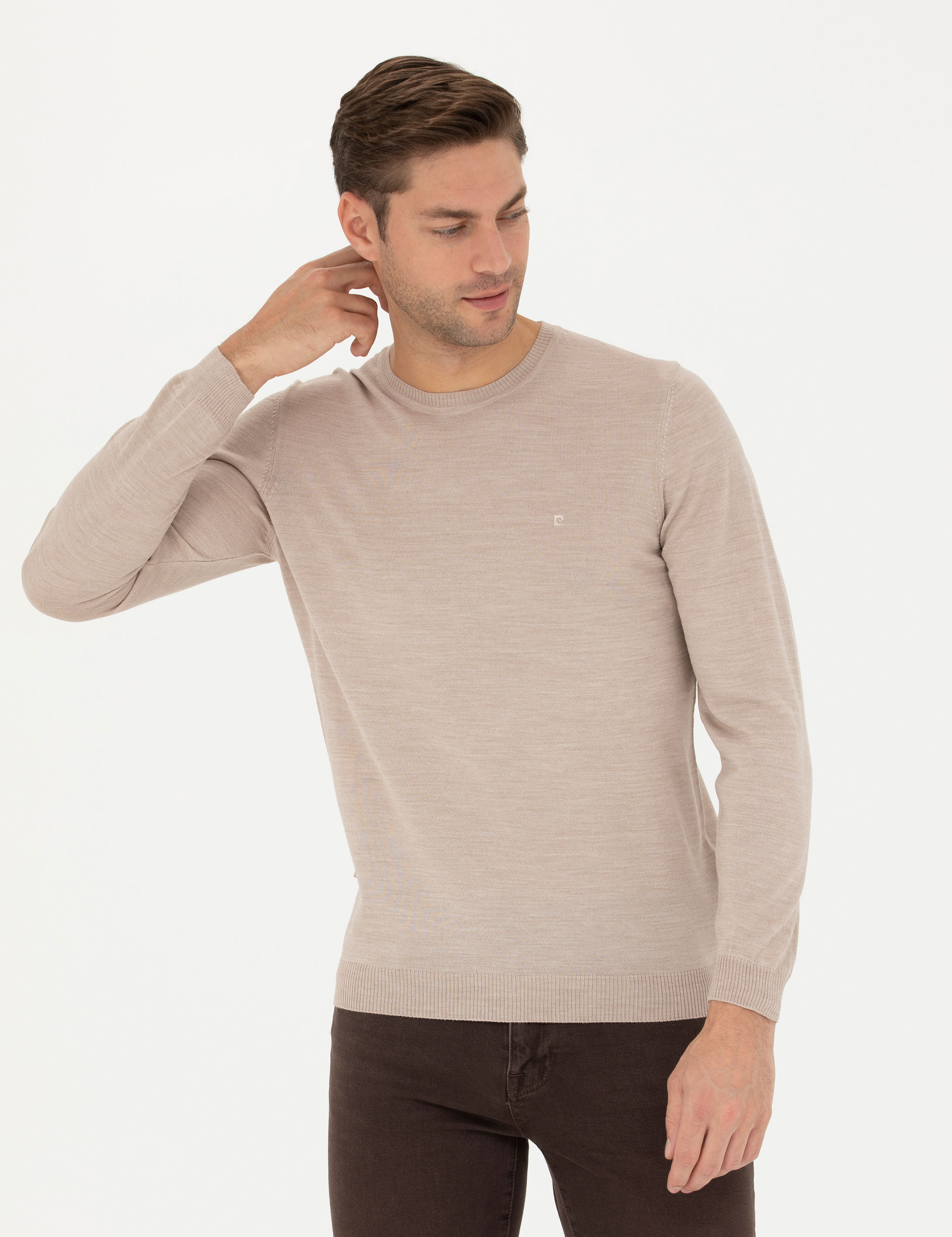 Pierre Cardin Taş Slim Fit Bisiklet Yaka Yün Karışımlı Basic Triko Kazak görsel 3