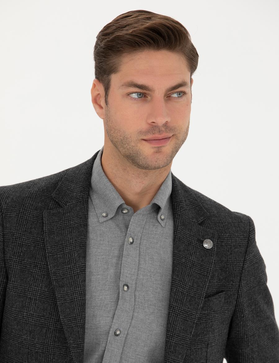 Füme Yün Karışımlı Slim Fit Ceket
