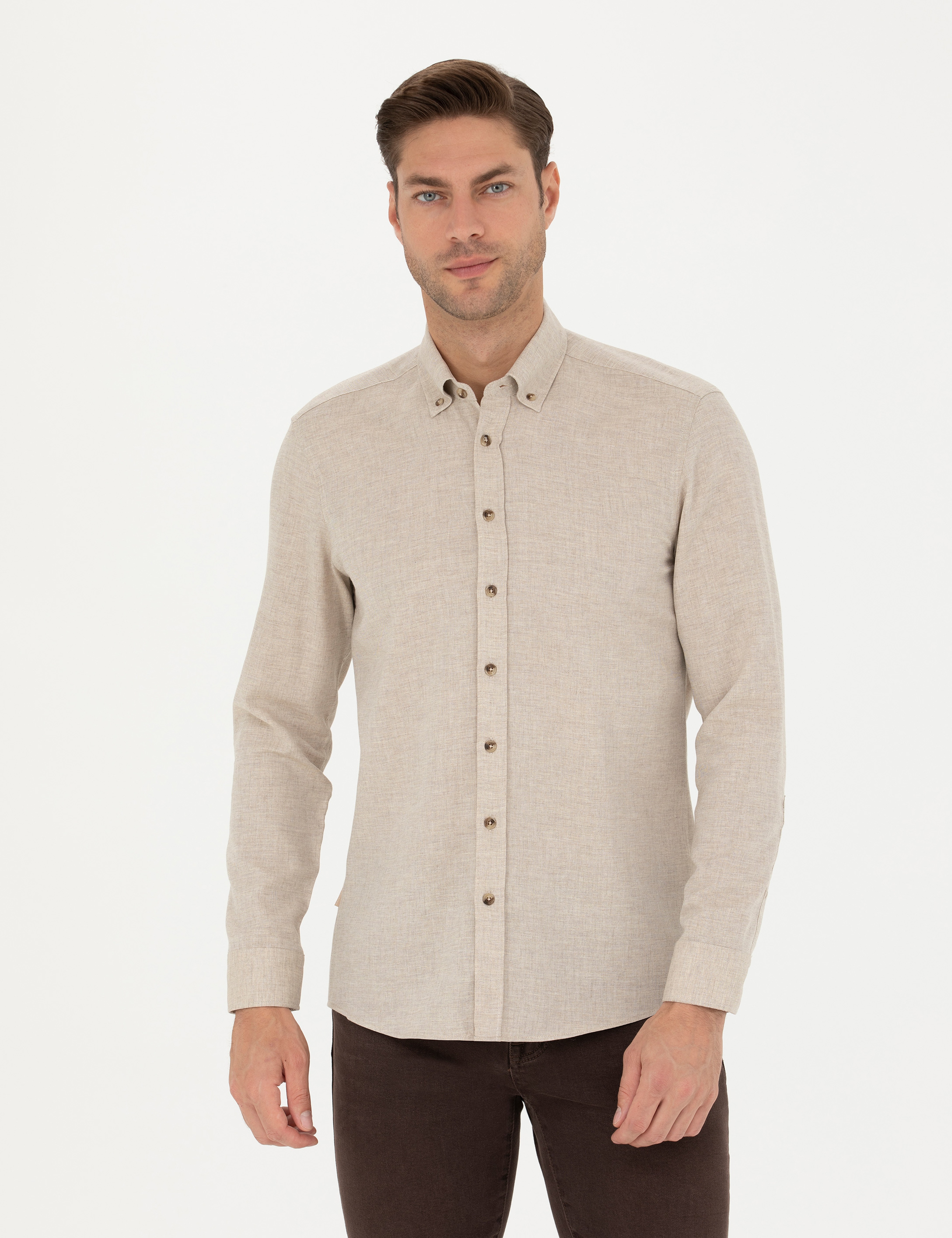 Bej Slim Fit Uzun Kollu Gömlek