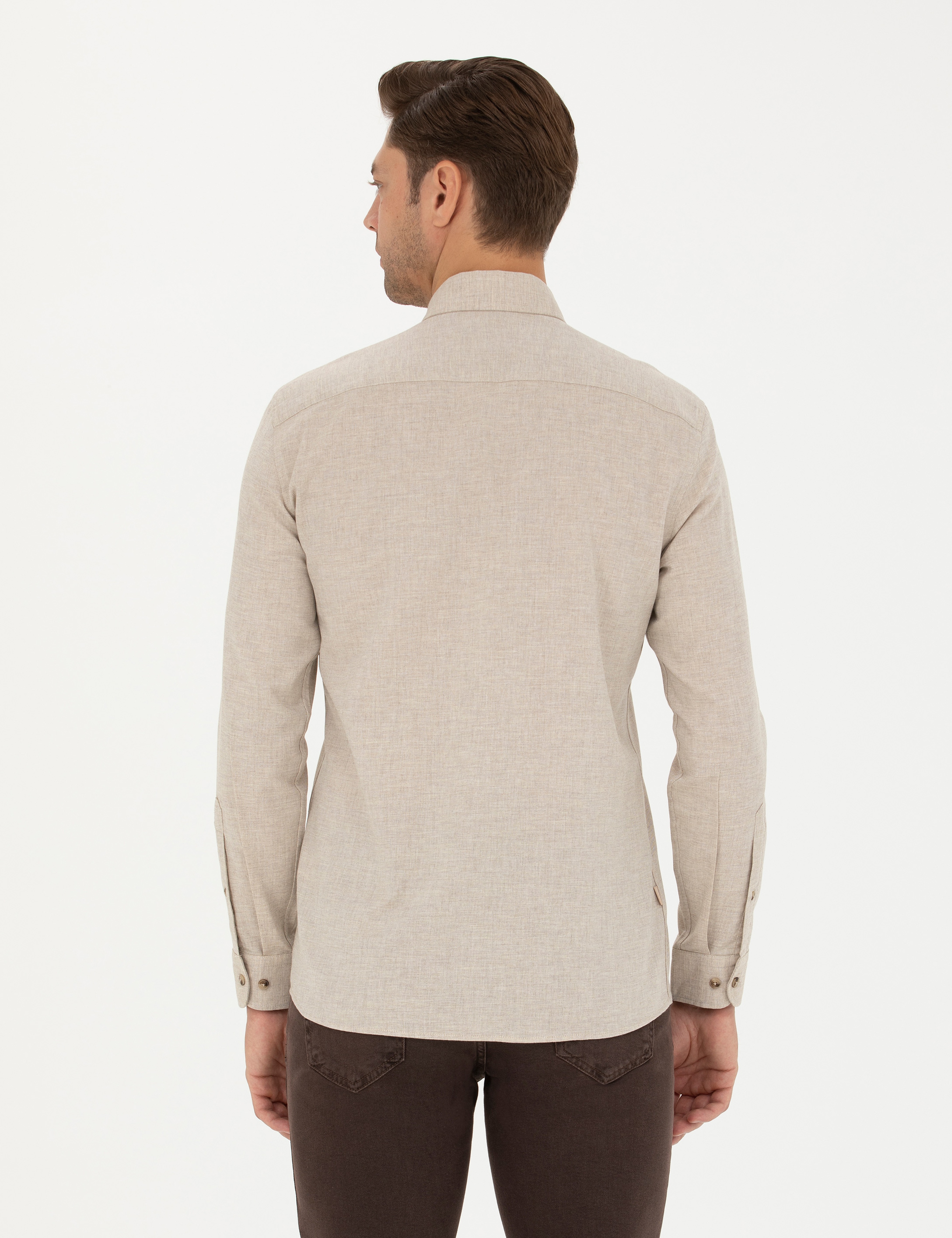 Bej Slim Fit Uzun Kollu Gömlek - Image 5