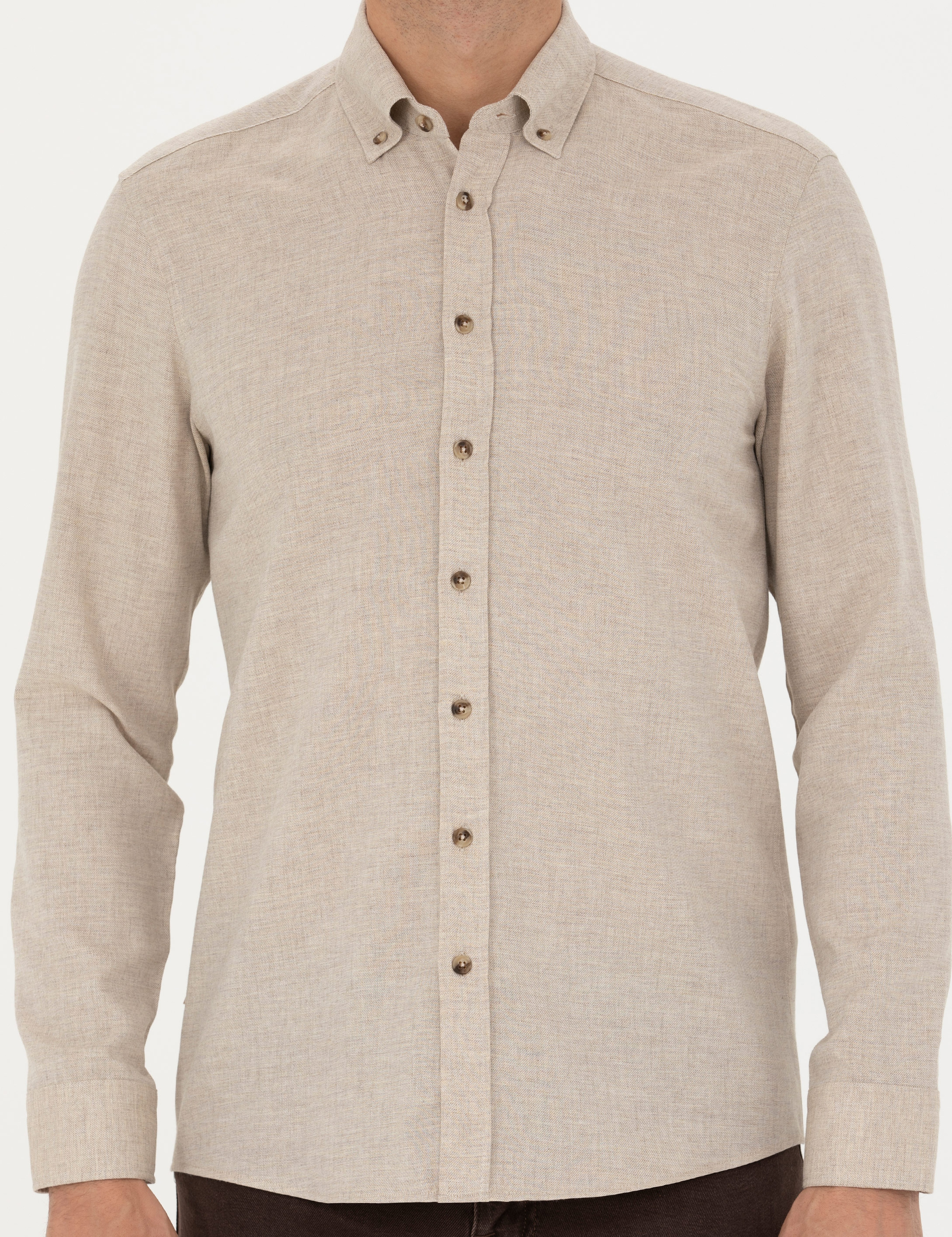 Bej Slim Fit Uzun Kollu Gömlek - Image 6