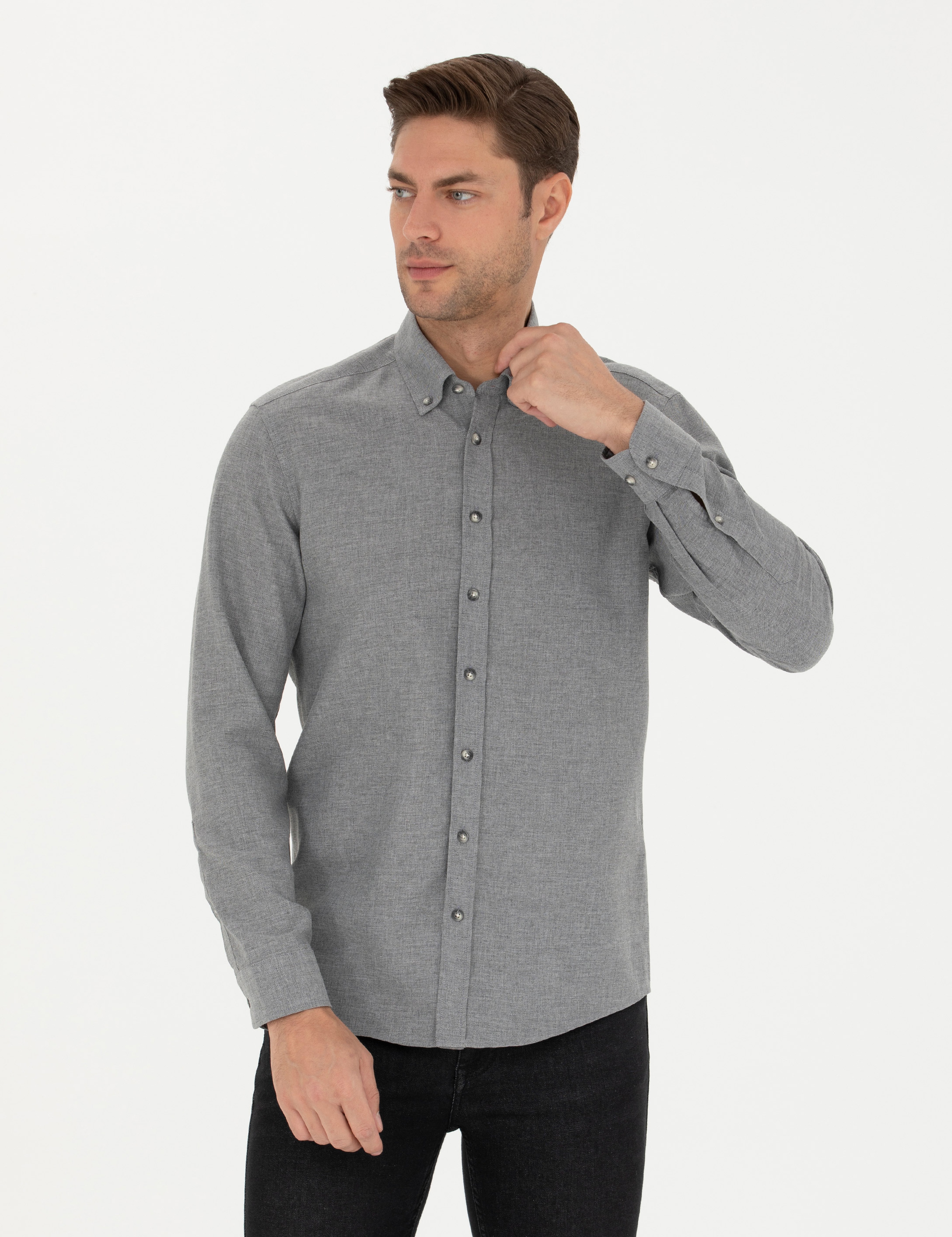 Gri Slim Fit Uzun Kollu Gömlek - Image 3