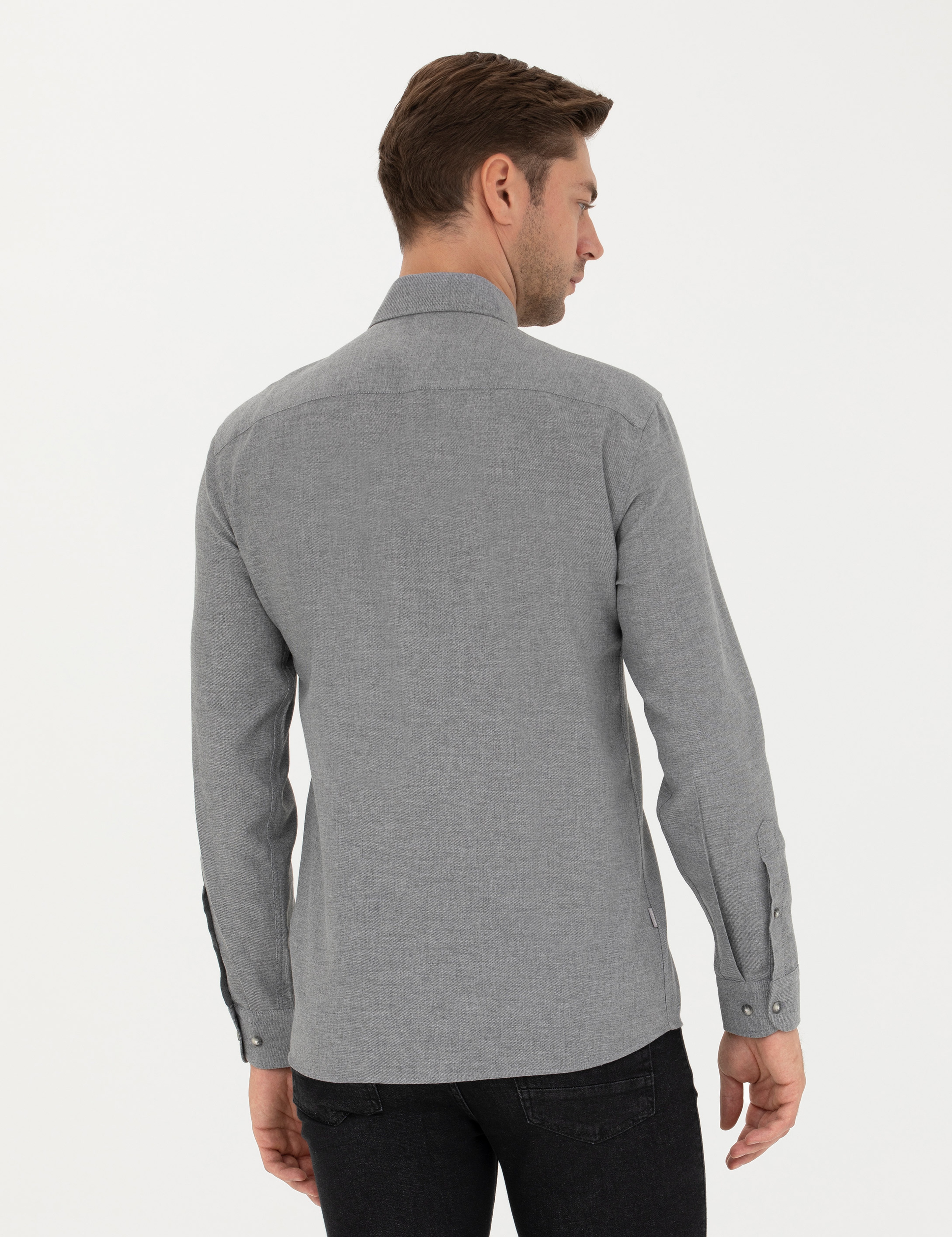 Gri Slim Fit Uzun Kollu Gömlek - Image 5