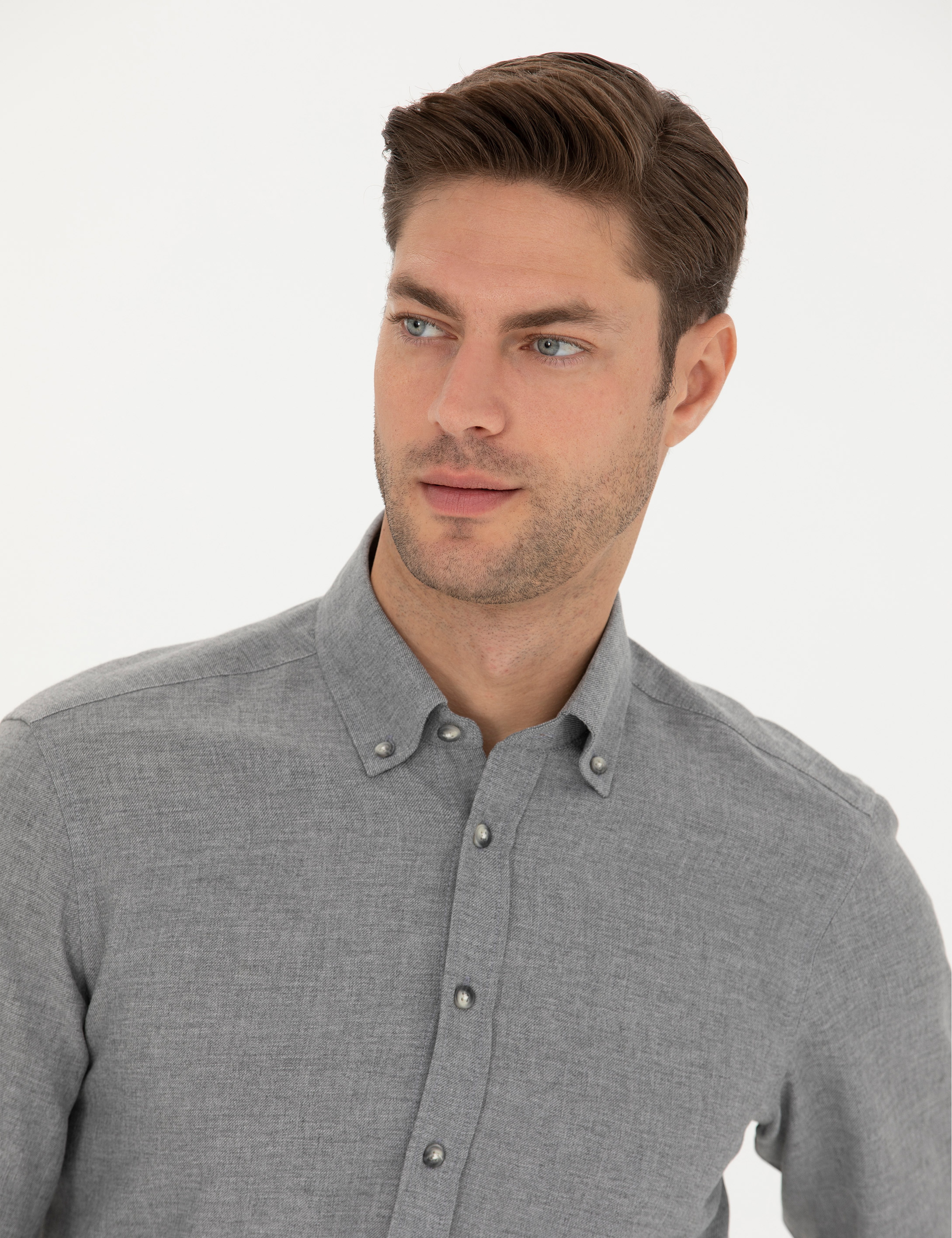 Gri Slim Fit Uzun Kollu Gömlek - Image 2