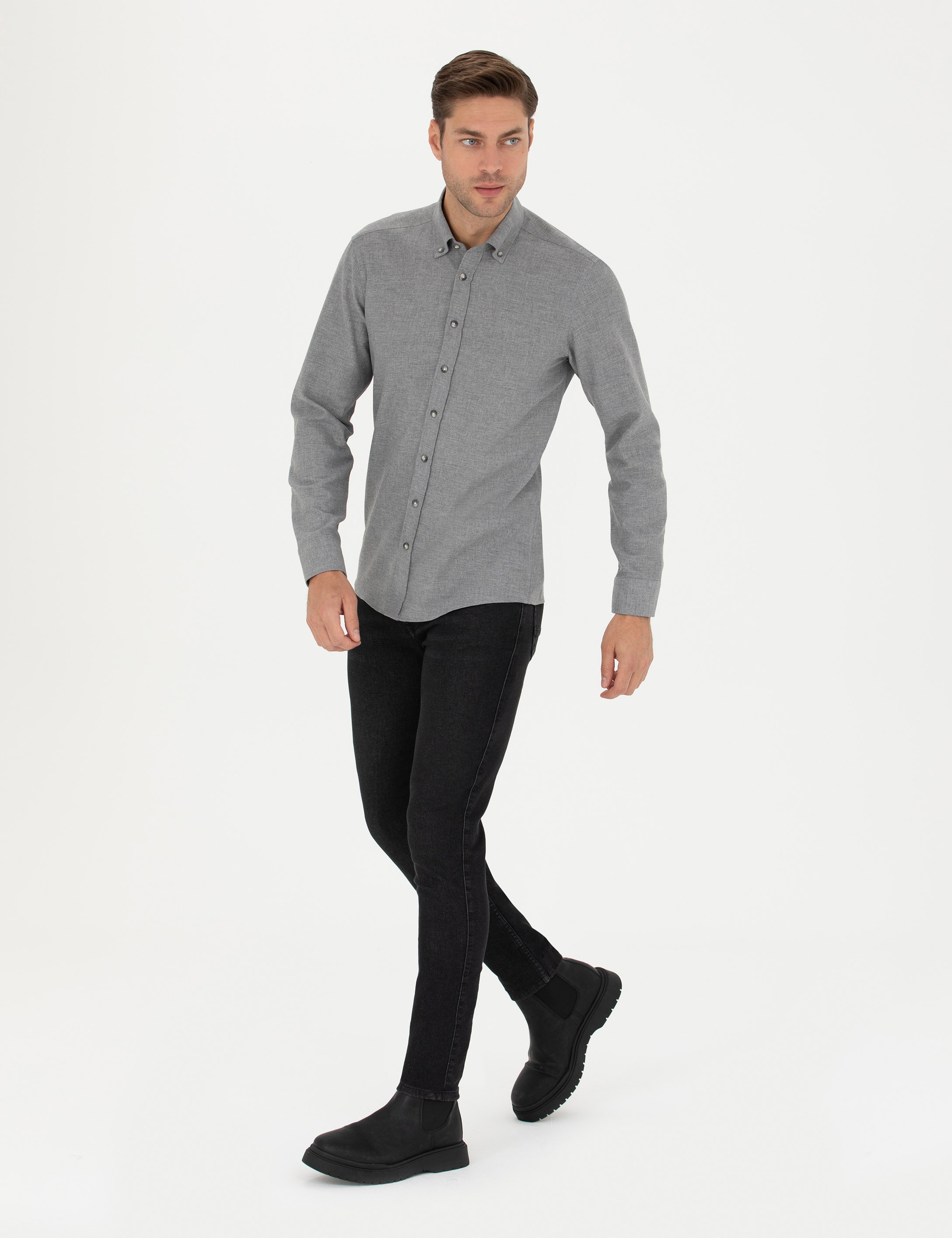 Gri Slim Fit Uzun Kollu Gömlek - Image 4