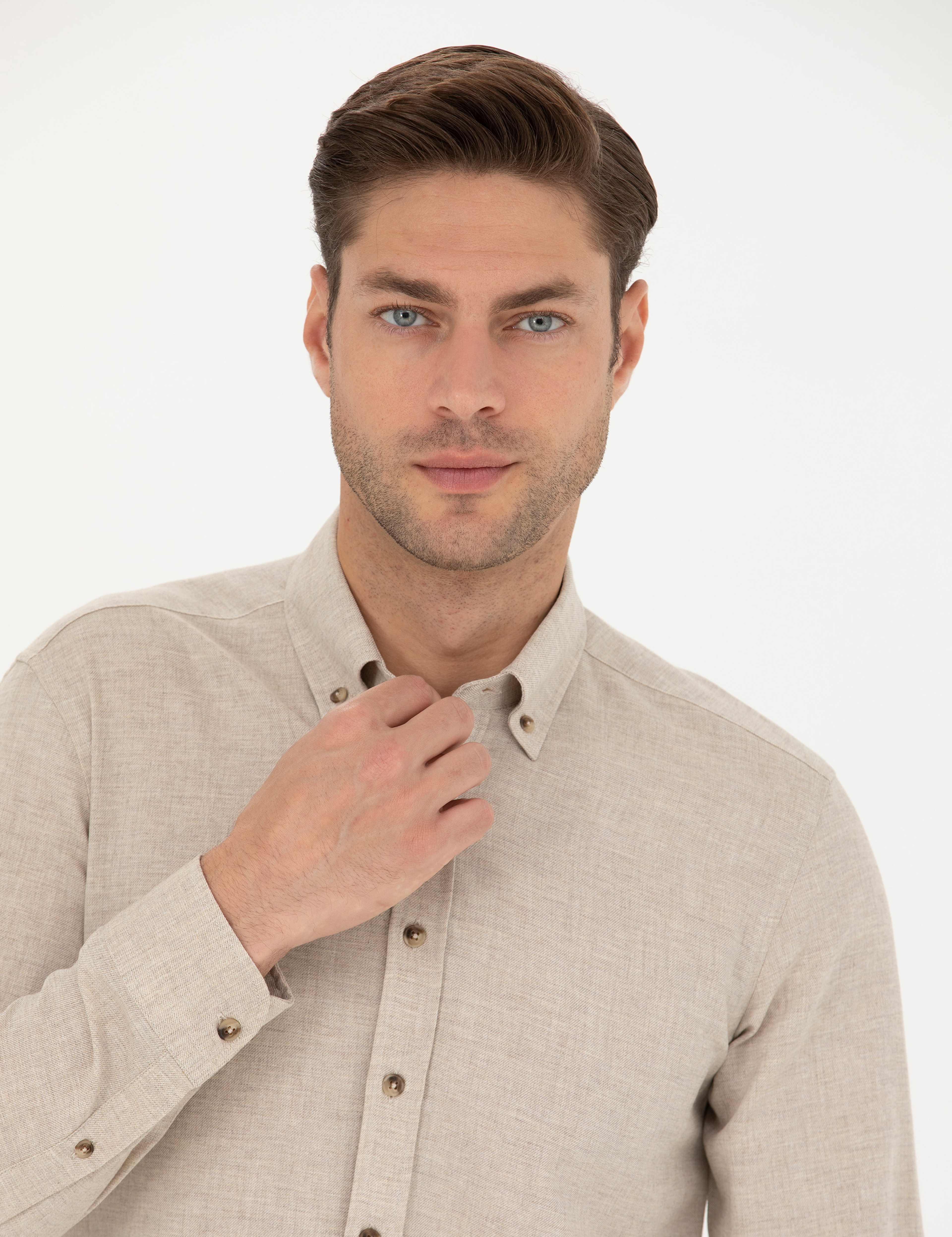 Bej Slim Fit Uzun Kollu Gömlek - Image 2