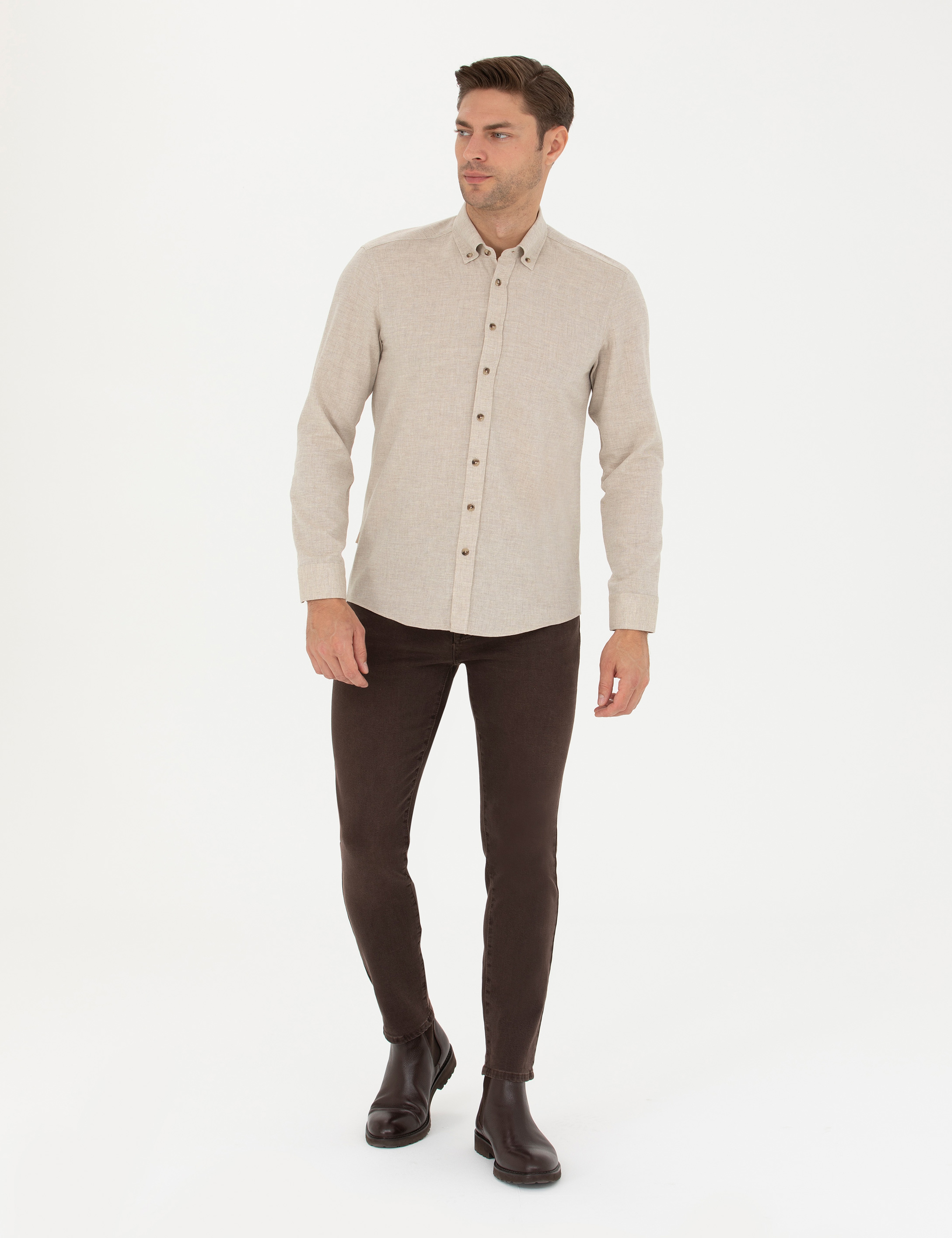 Bej Slim Fit Uzun Kollu Gömlek - Image 4