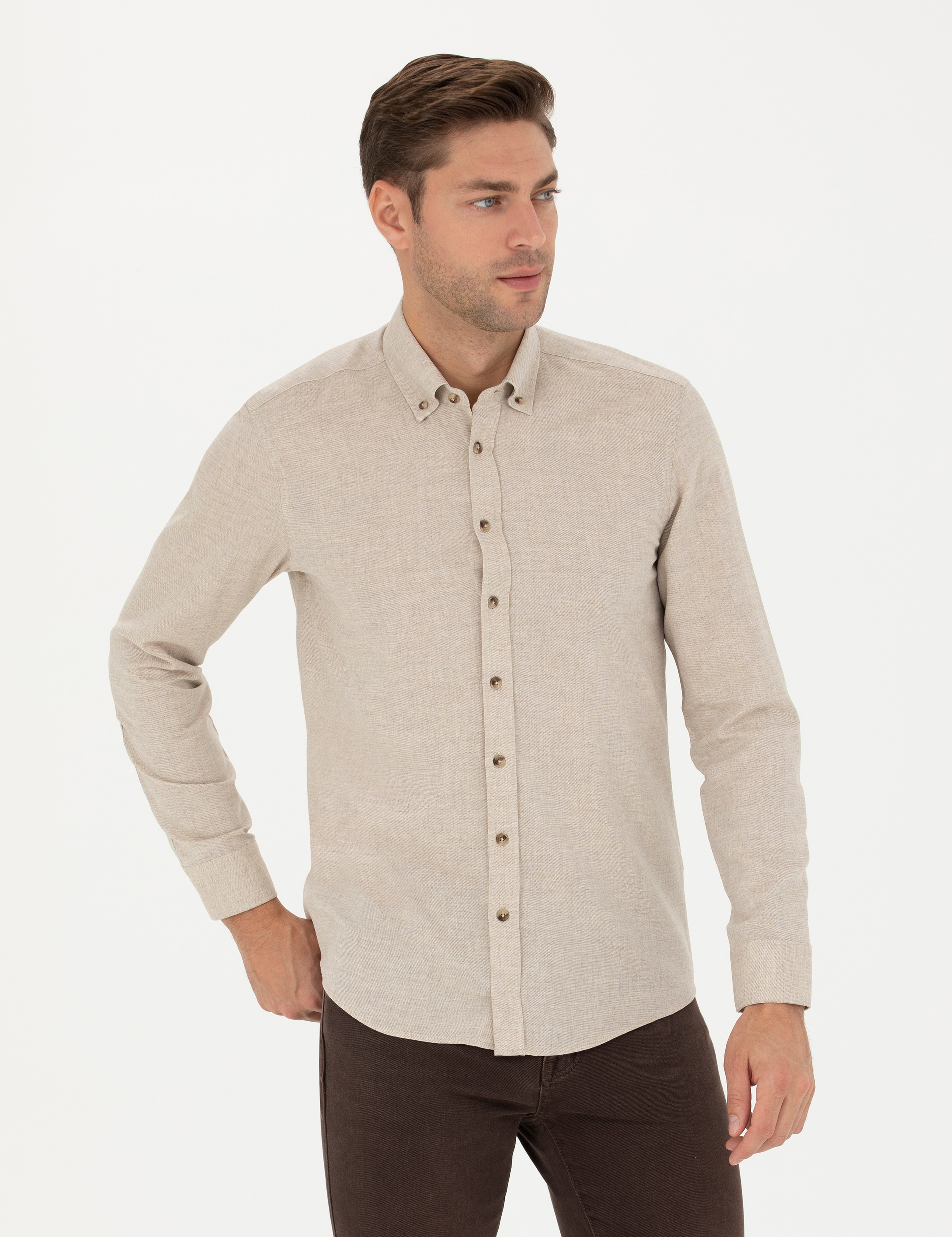 Bej Slim Fit Uzun Kollu Gömlek - Image 3