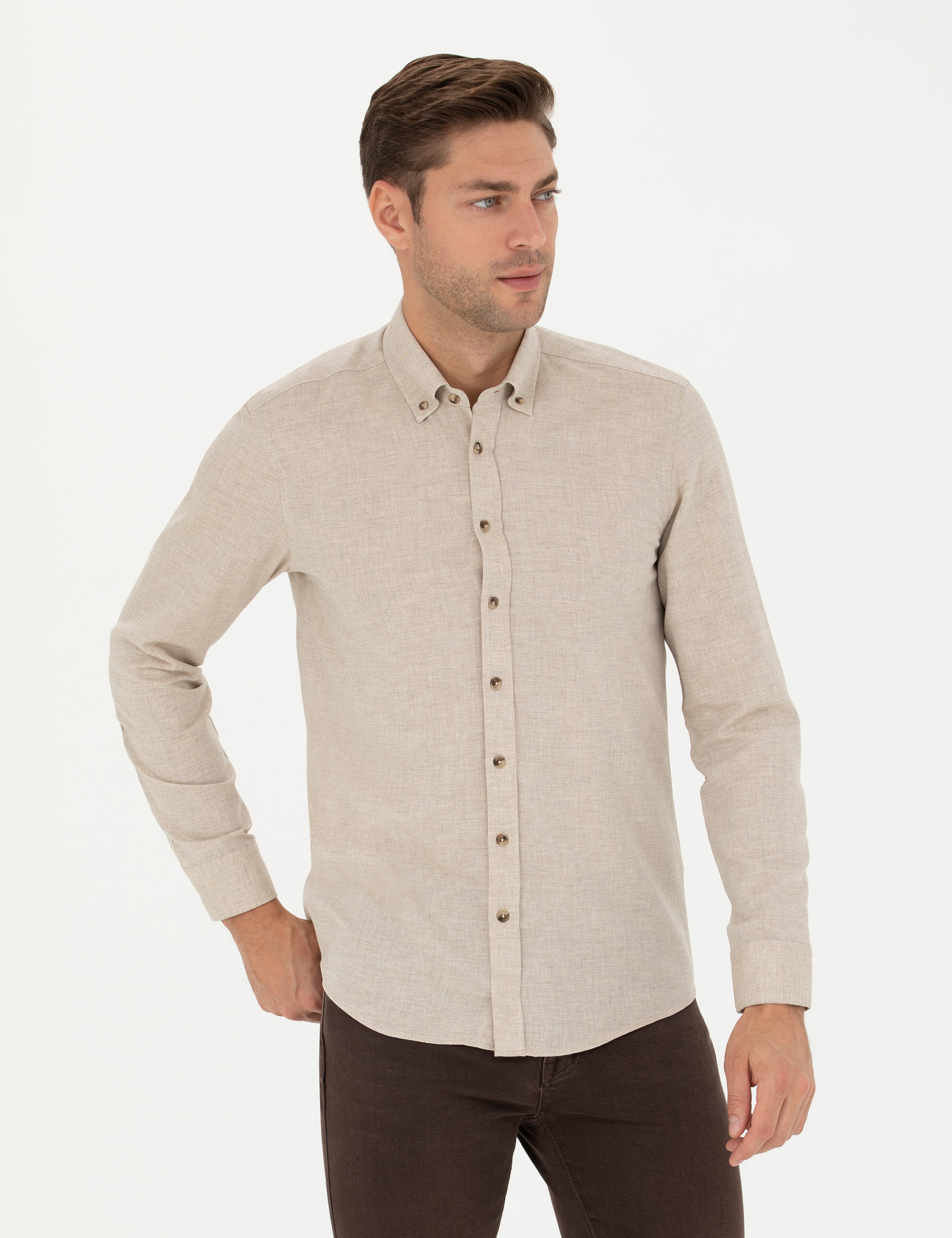 Bej Slim Fit Uzun Kollu Gömlek