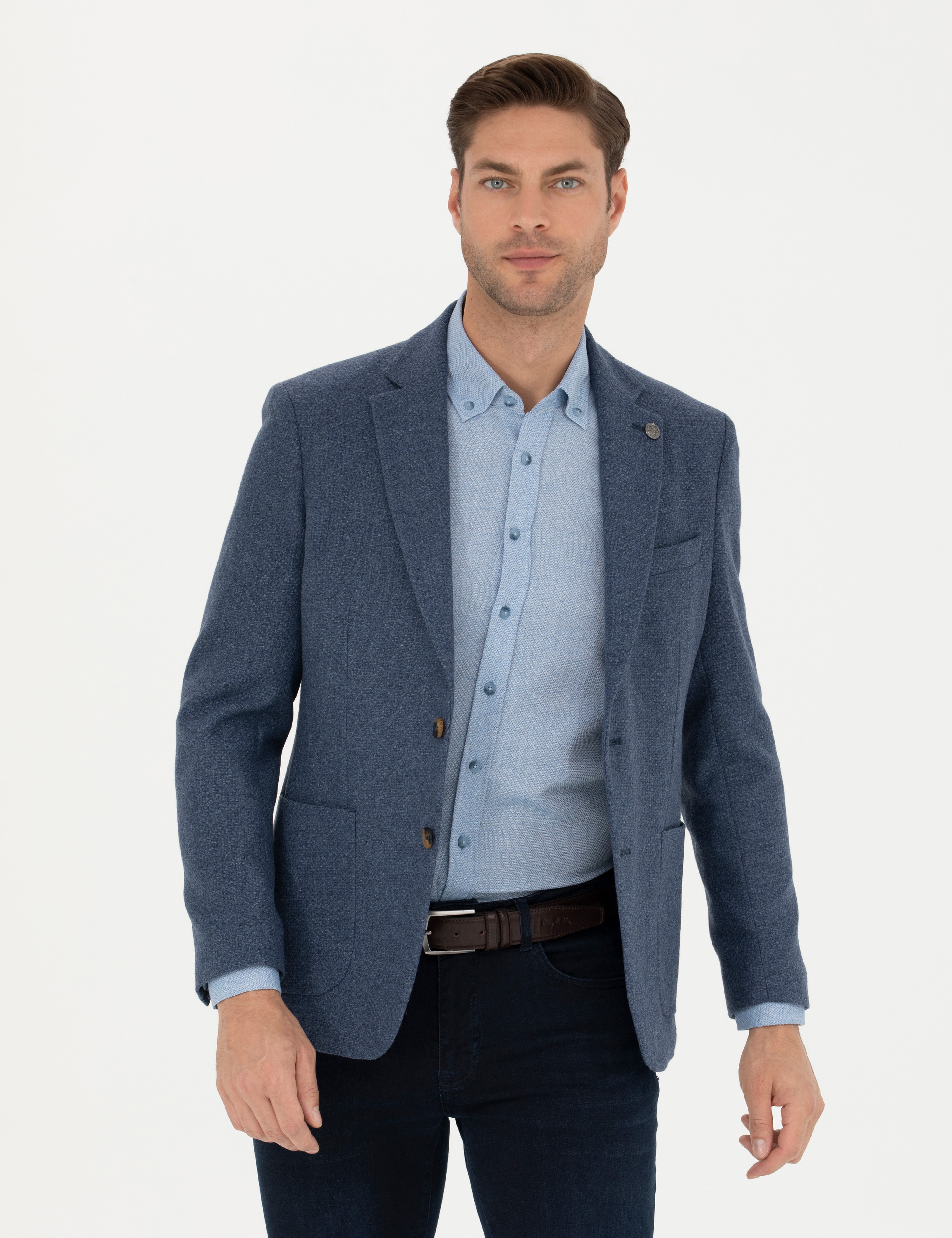Koyu Mavi Slim Fit Yün Karışımlı Ceket - Image 1