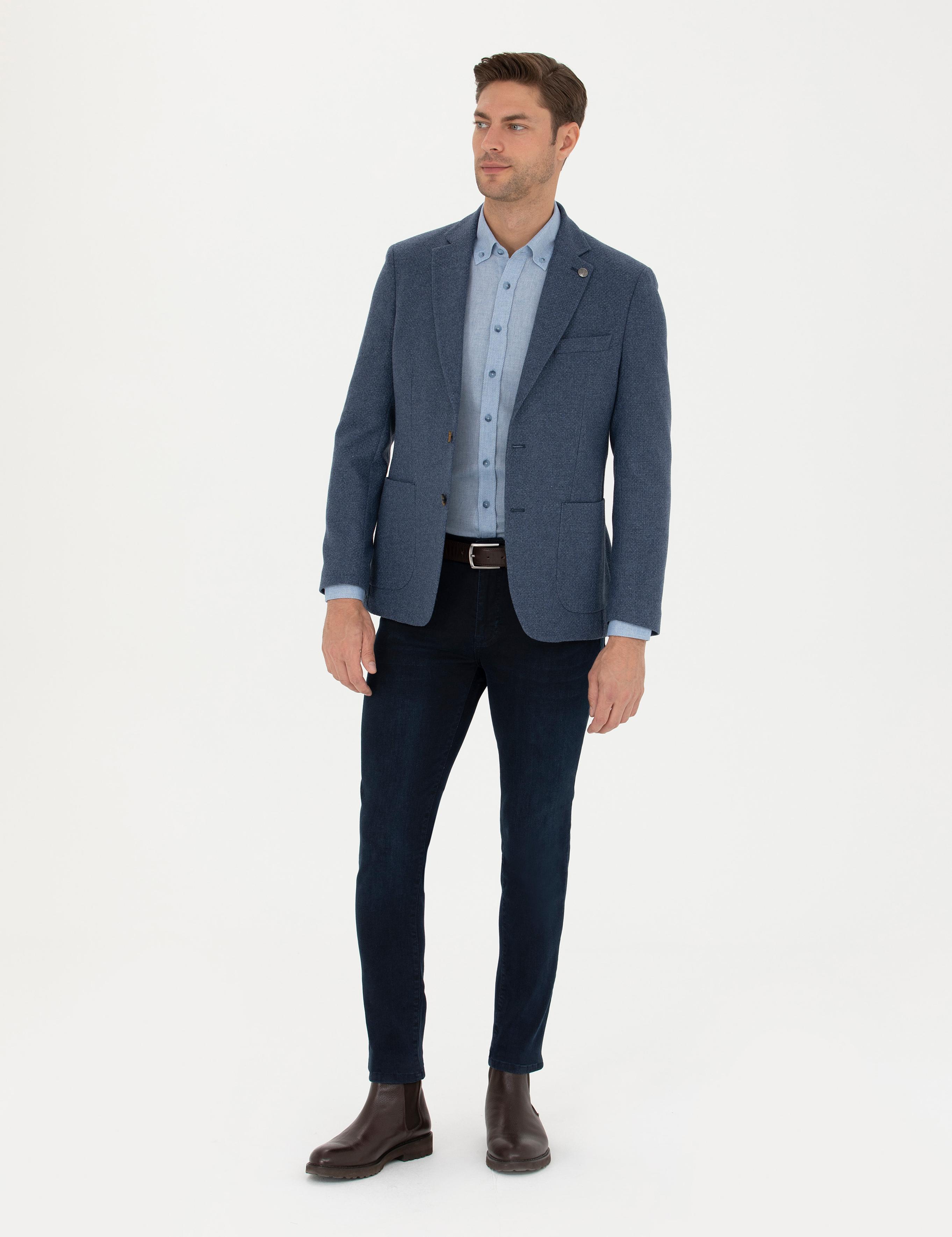 Koyu Mavi Slim Fit Yün Karışımlı Ceket