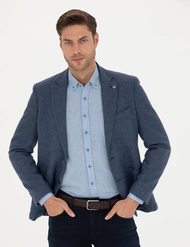 Koyu Mavi Slim Fit Yün Karışımlı Ceket