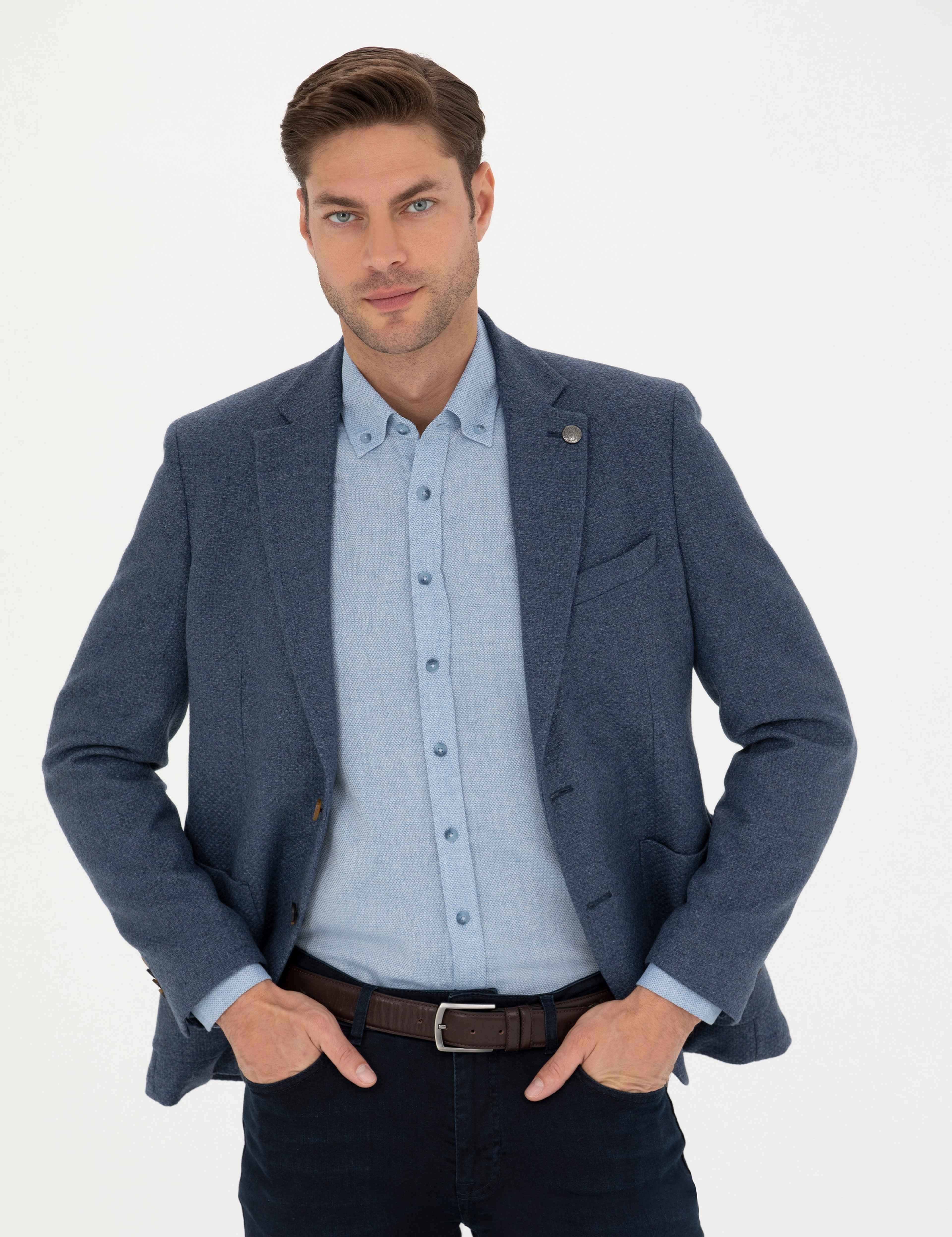 Koyu Mavi Slim Fit Yün Karışımlı Ceket - Image 3