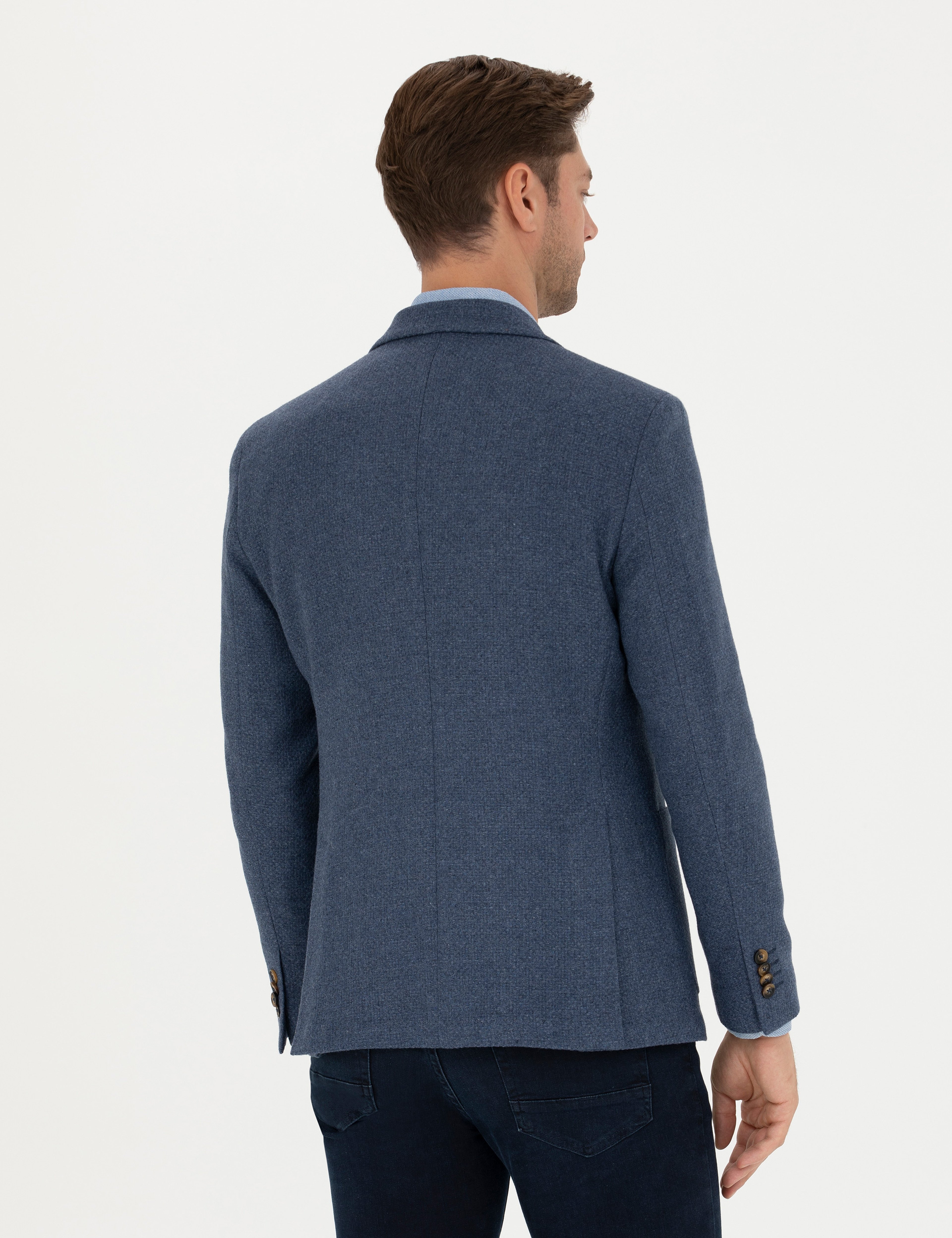 Koyu Mavi Slim Fit Yün Karışımlı Ceket - Image 5
