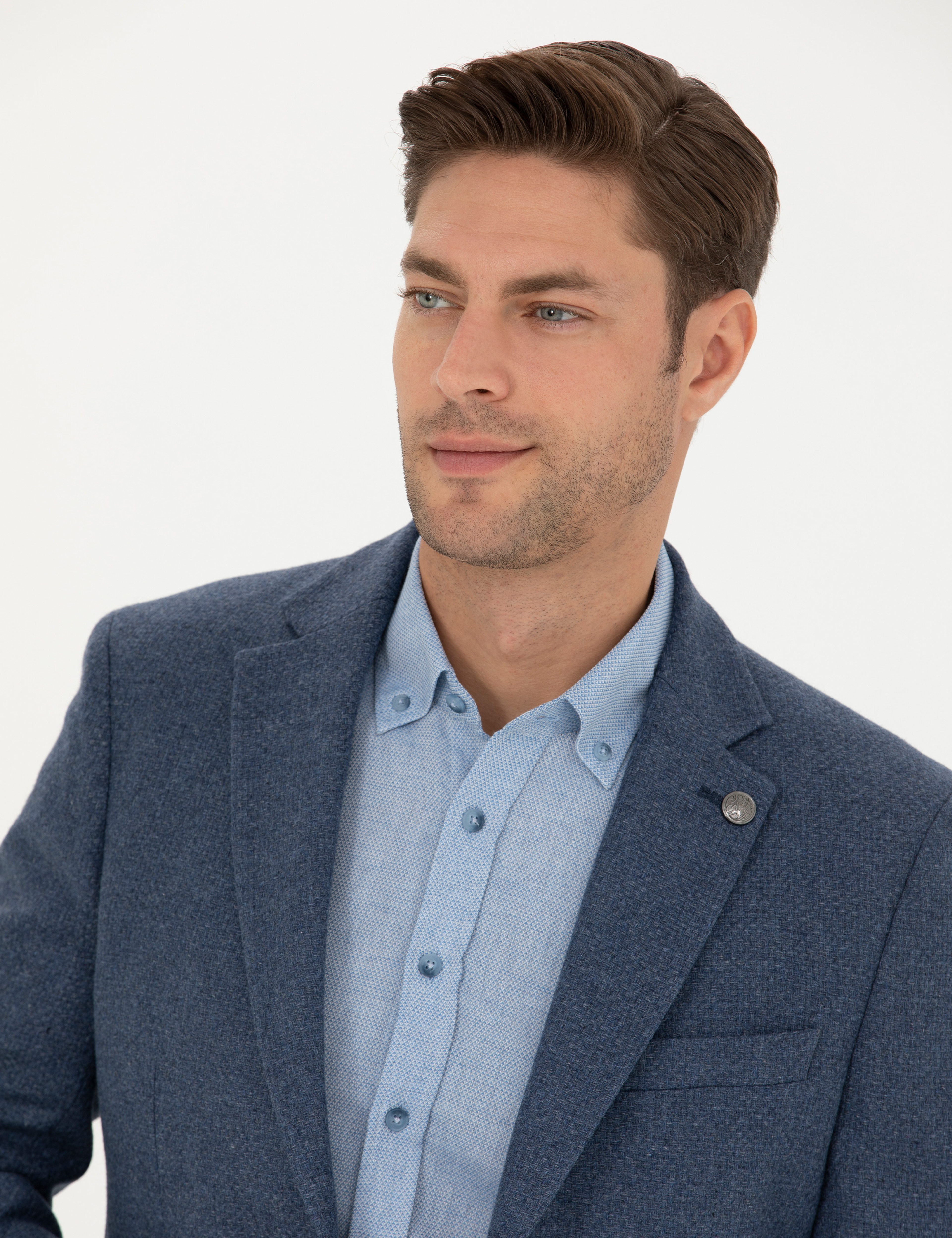Koyu Mavi Slim Fit Yün Karışımlı Ceket - Image 2