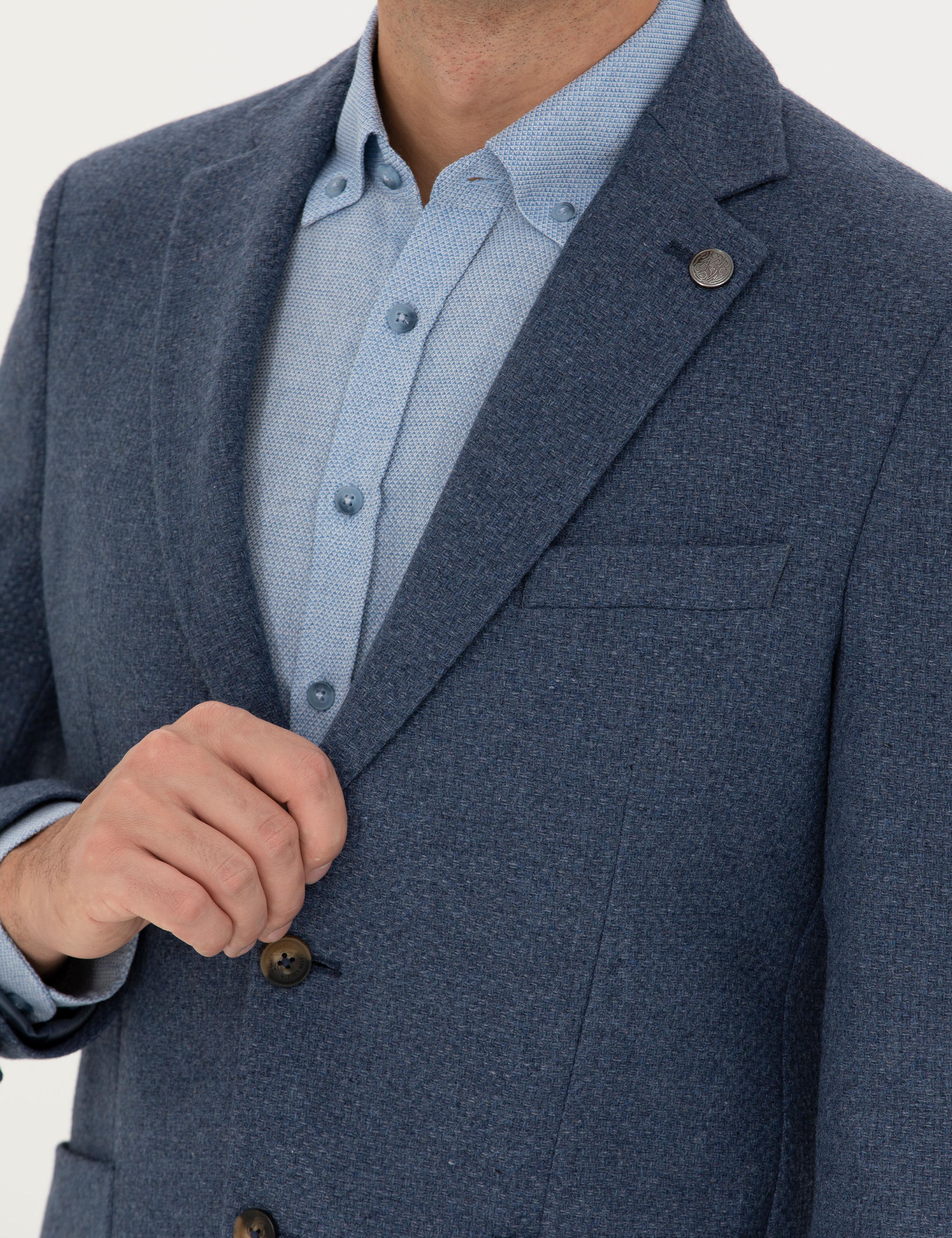 Koyu Mavi Slim Fit Yün Karışımlı Ceket