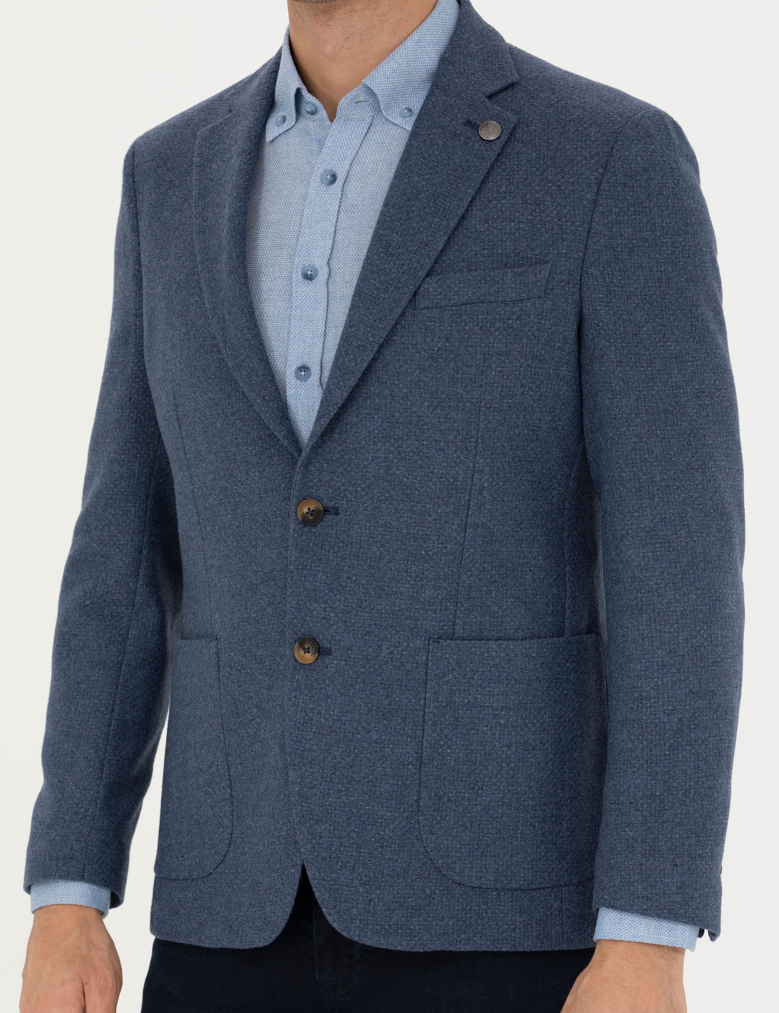 Koyu Mavi Slim Fit Yün Karışımlı Ceket