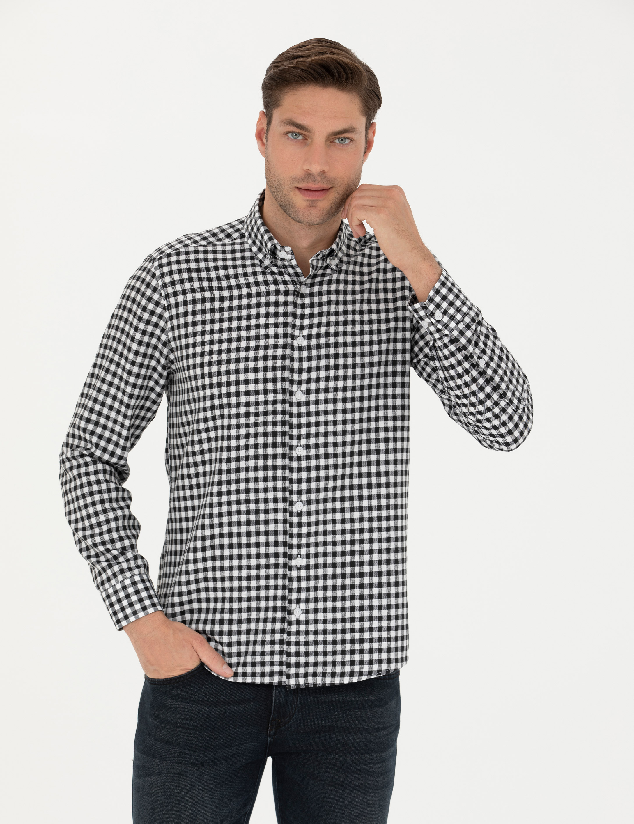 Siyah Regular Fit Uzun Kollu Gömlek - Image 2