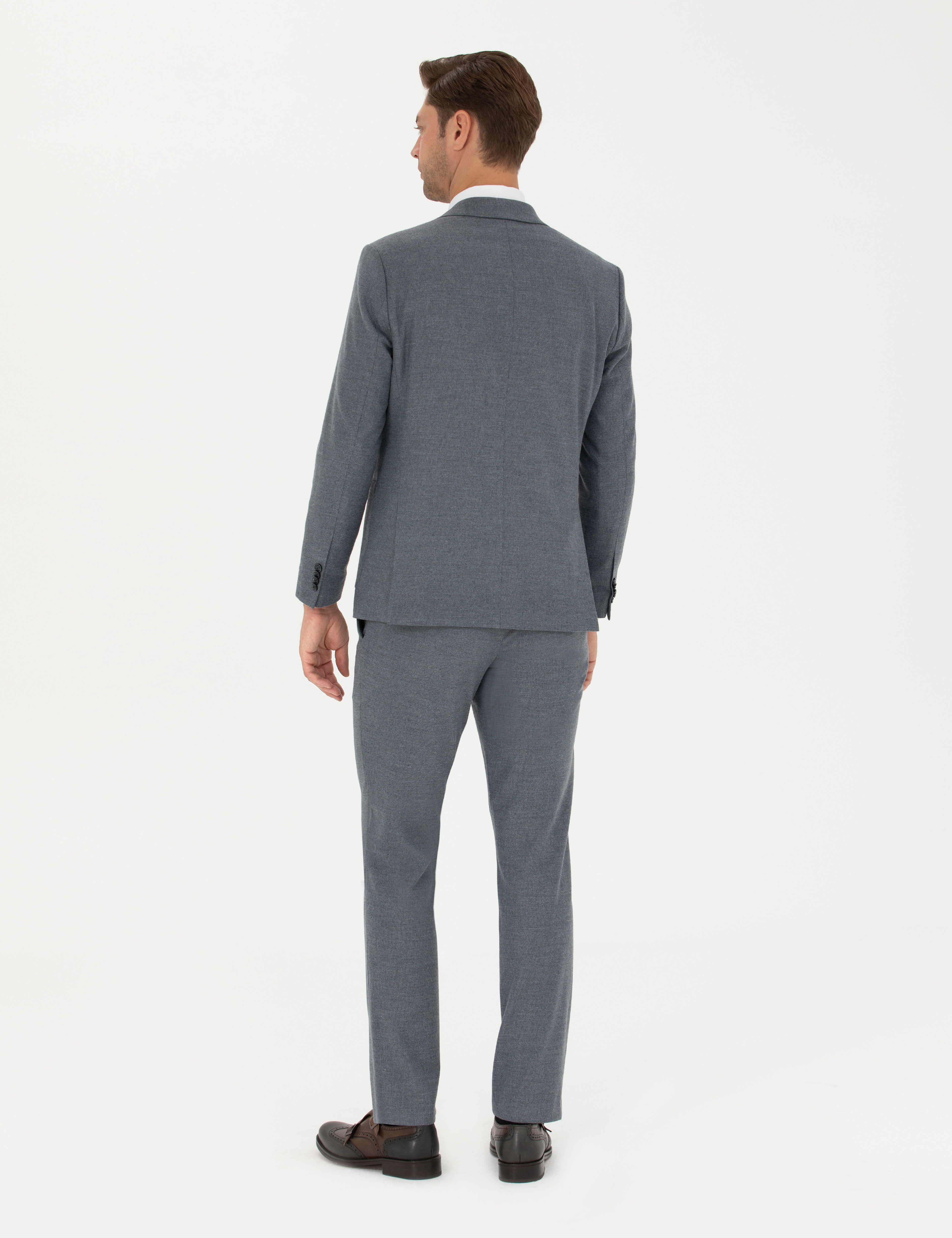 Koyu Mavi Slim Fit Çizgili Takım Elbise - Image 5