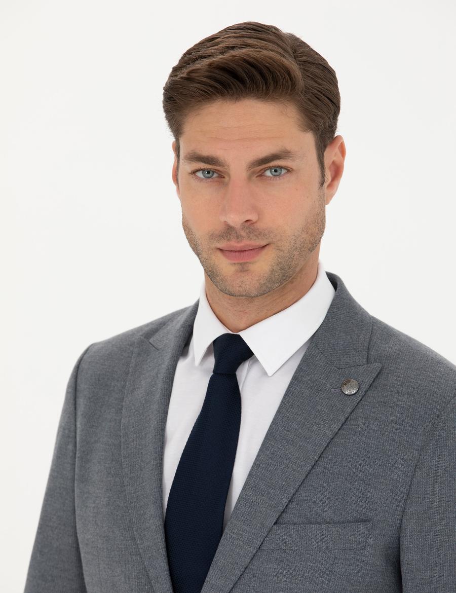 Koyu Mavi Slim Fit Çizgili Takım Elbise