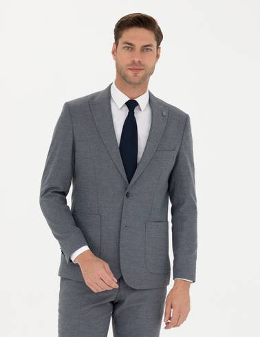 Koyu Mavi Slim Fit Çizgili Takım Elbise