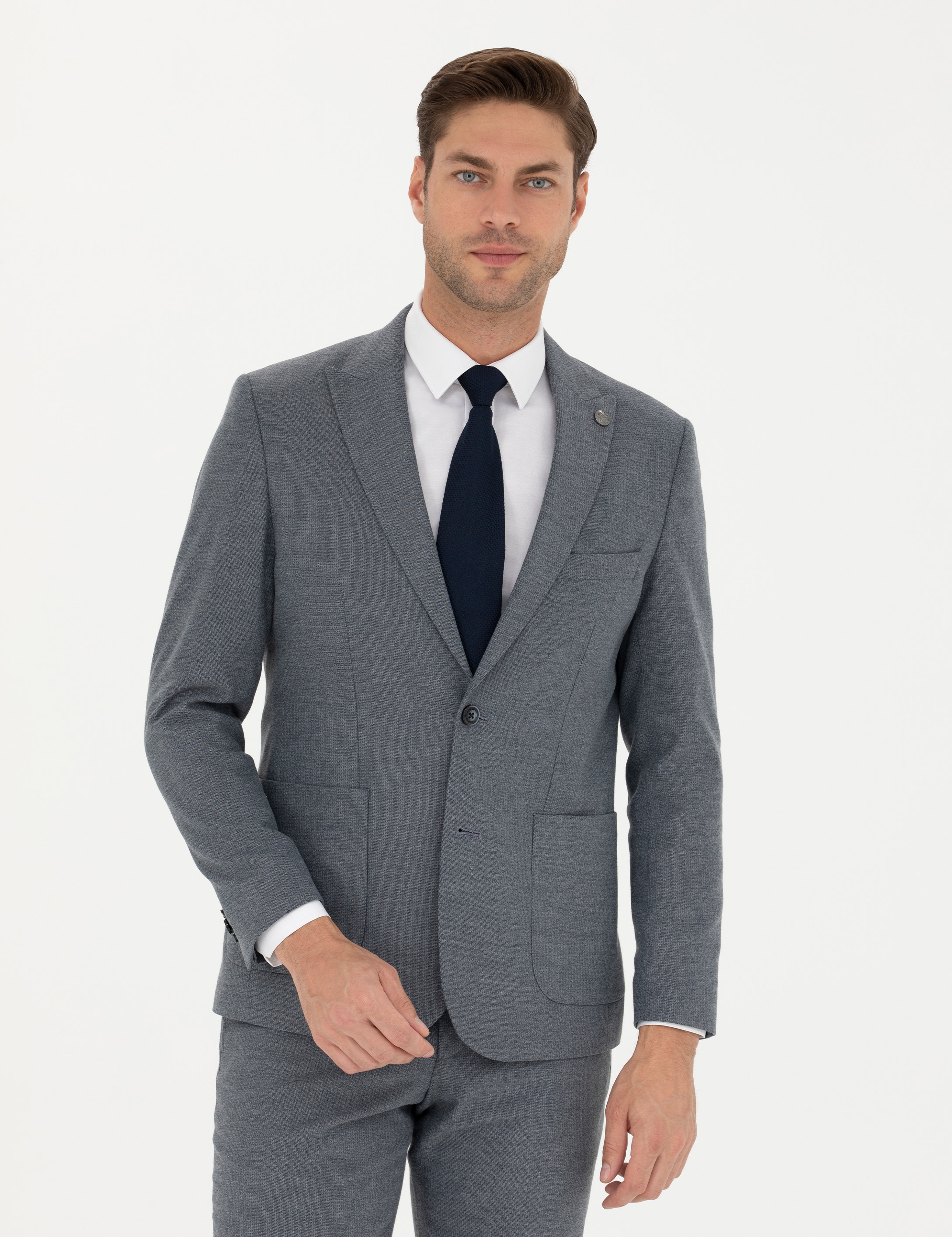 Koyu Mavi Slim Fit Çizgili Takım Elbise - Image 3