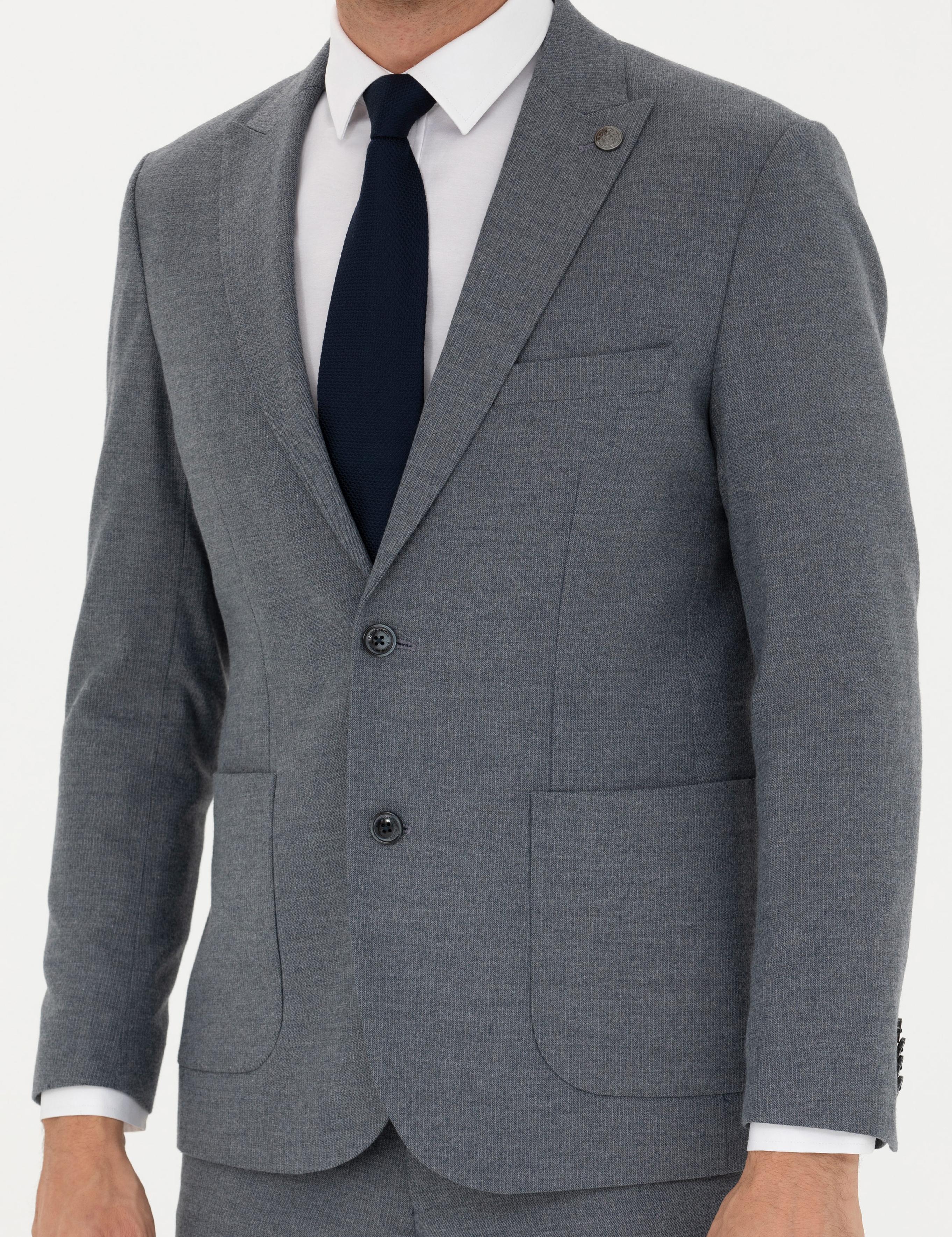 Koyu Mavi Slim Fit Çizgili Takım Elbise