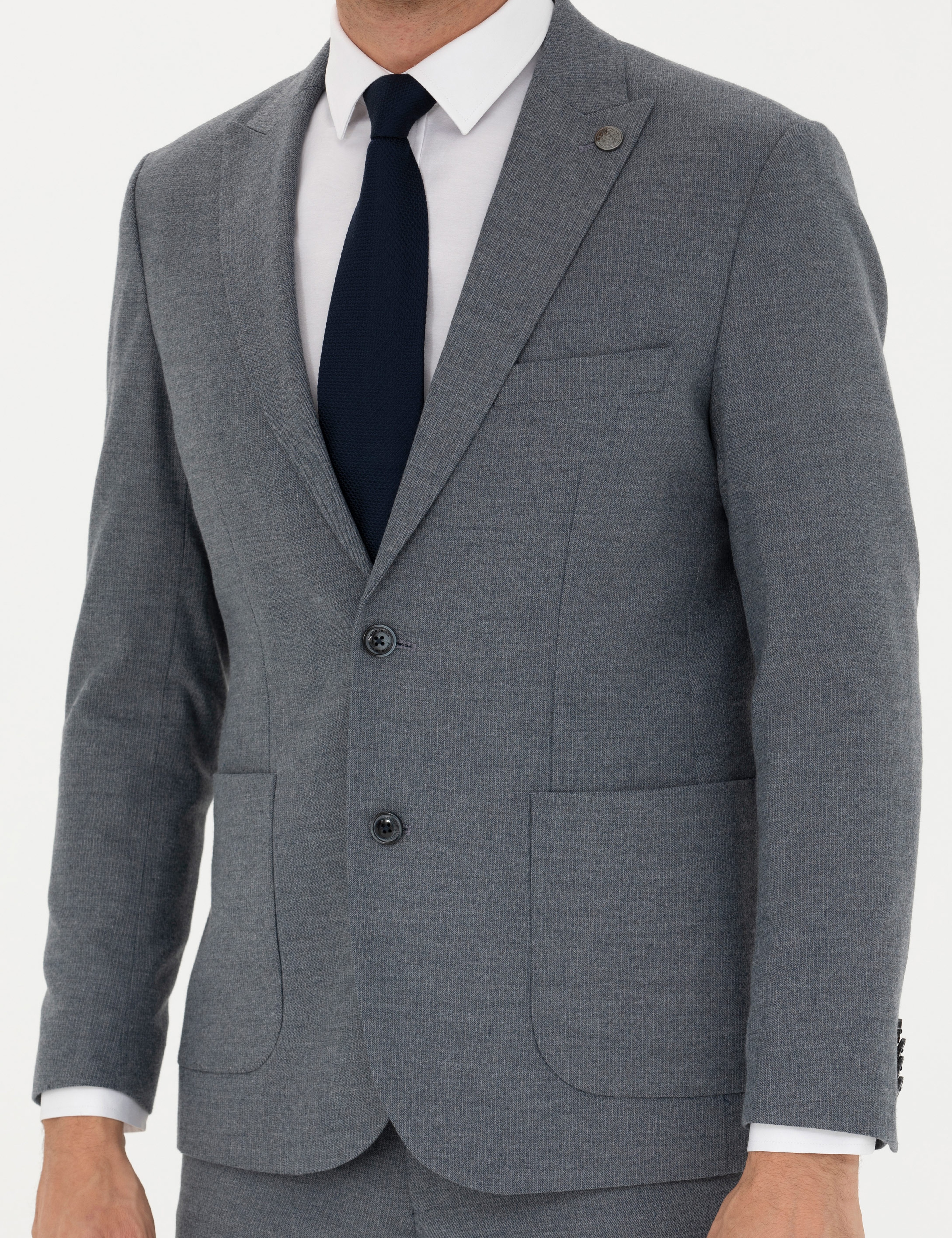 Koyu Mavi Slim Fit Çizgili Takım Elbise
