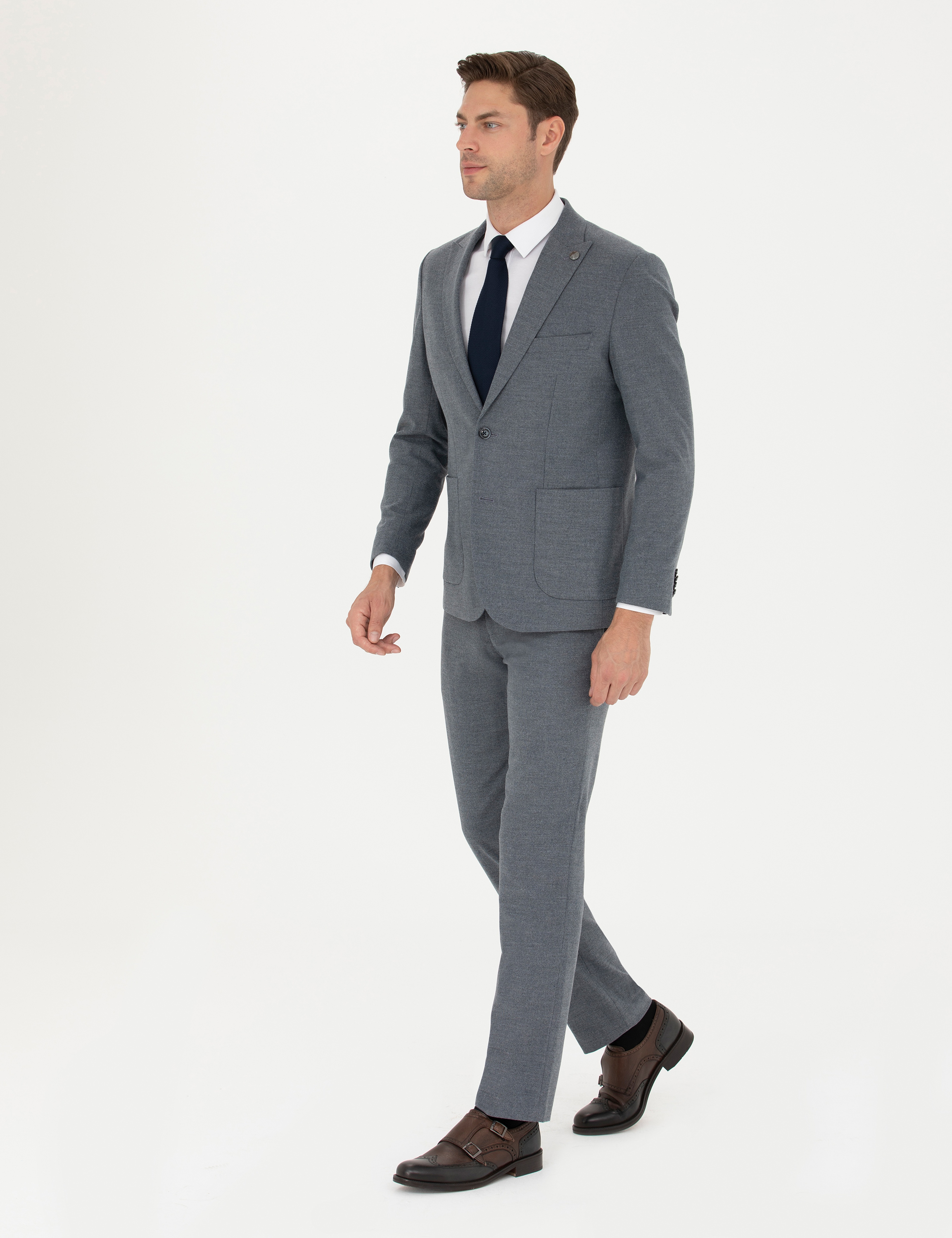 Koyu Mavi Slim Fit Çizgili Takım Elbise - Image 4