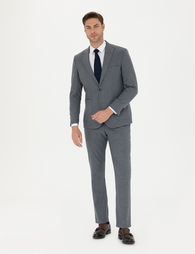 Koyu Mavi Slim Fit Çizgili Takım Elbise