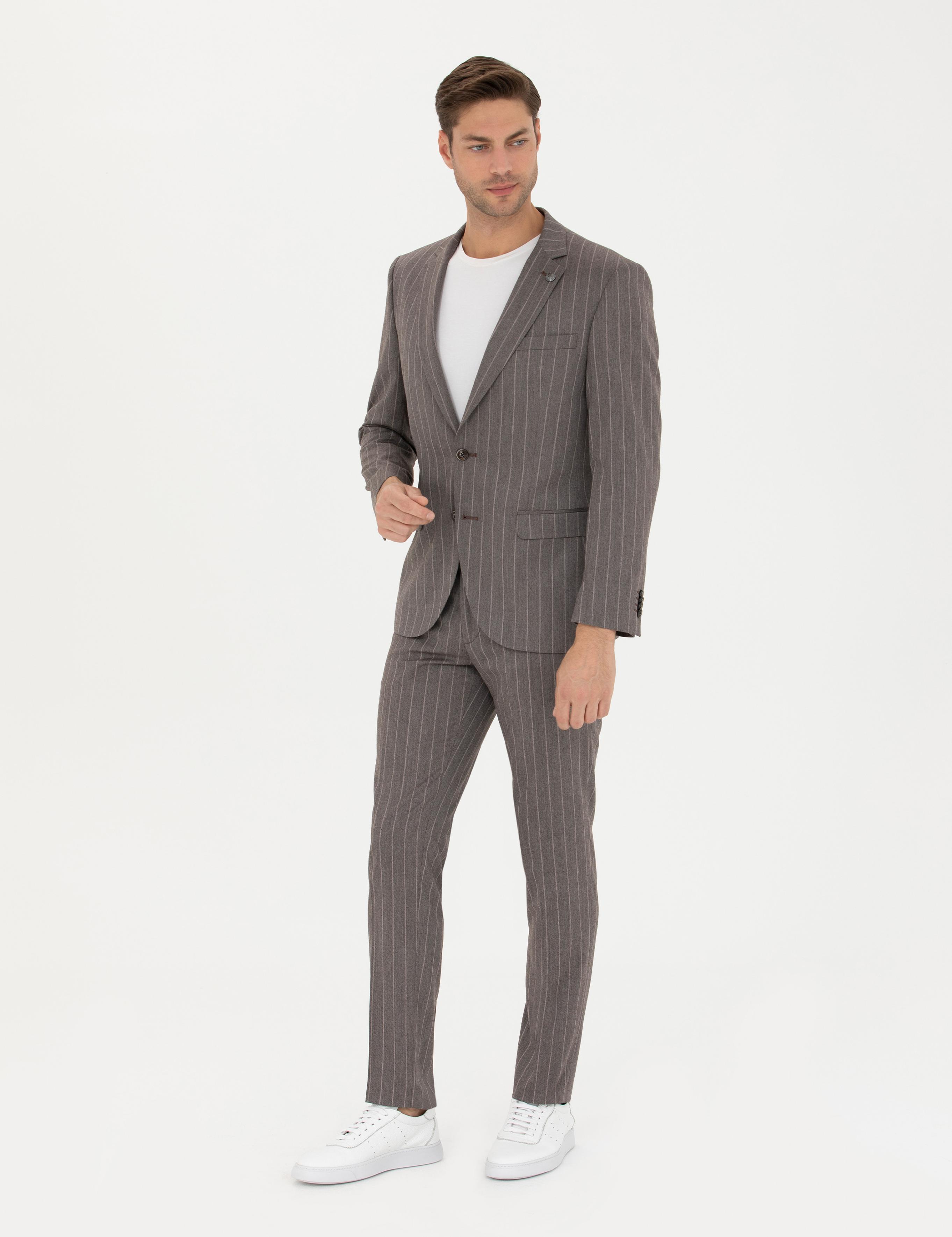 Açık Kahverengi Ex. Slim Fit Çizgili Takım Elbise