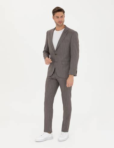 Açık Kahverengi Ex. Slim Fit Çizgili Takım Elbise