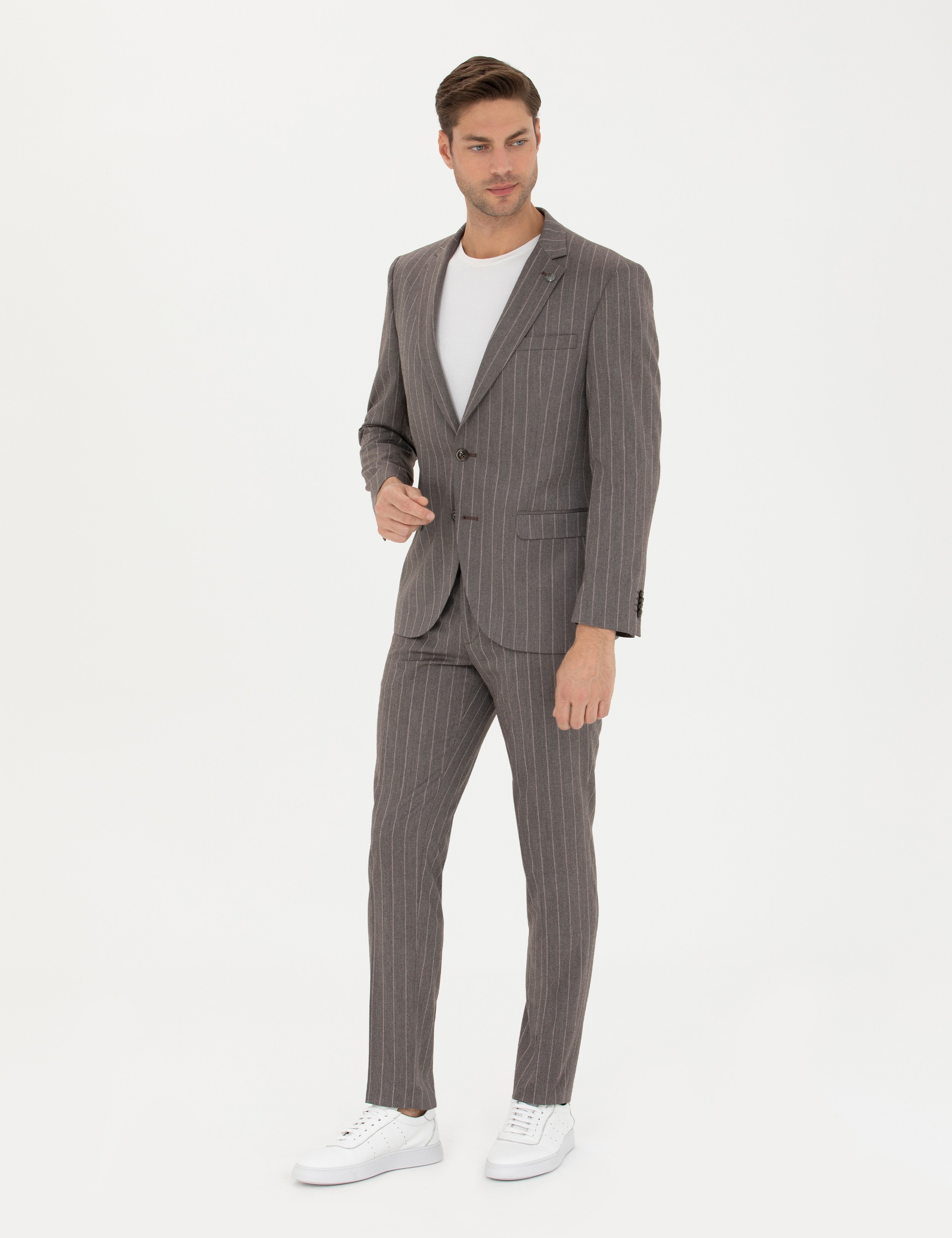 Açık Kahverengi Extra Slim Fit Çizgili Takım Elbise - Image 4