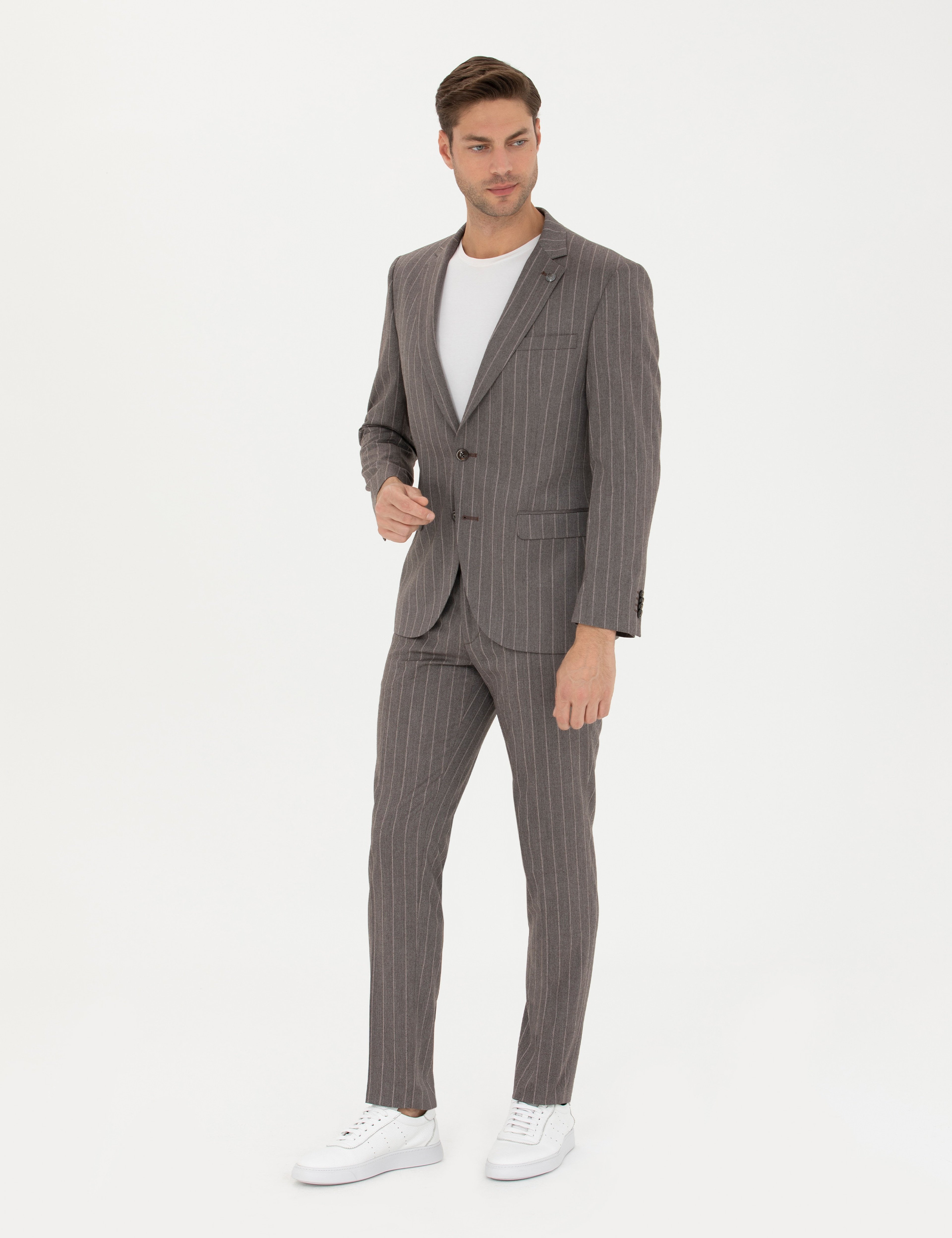 Açık Kahverengi Extra Slim Fit Çizgili Takım Elbise