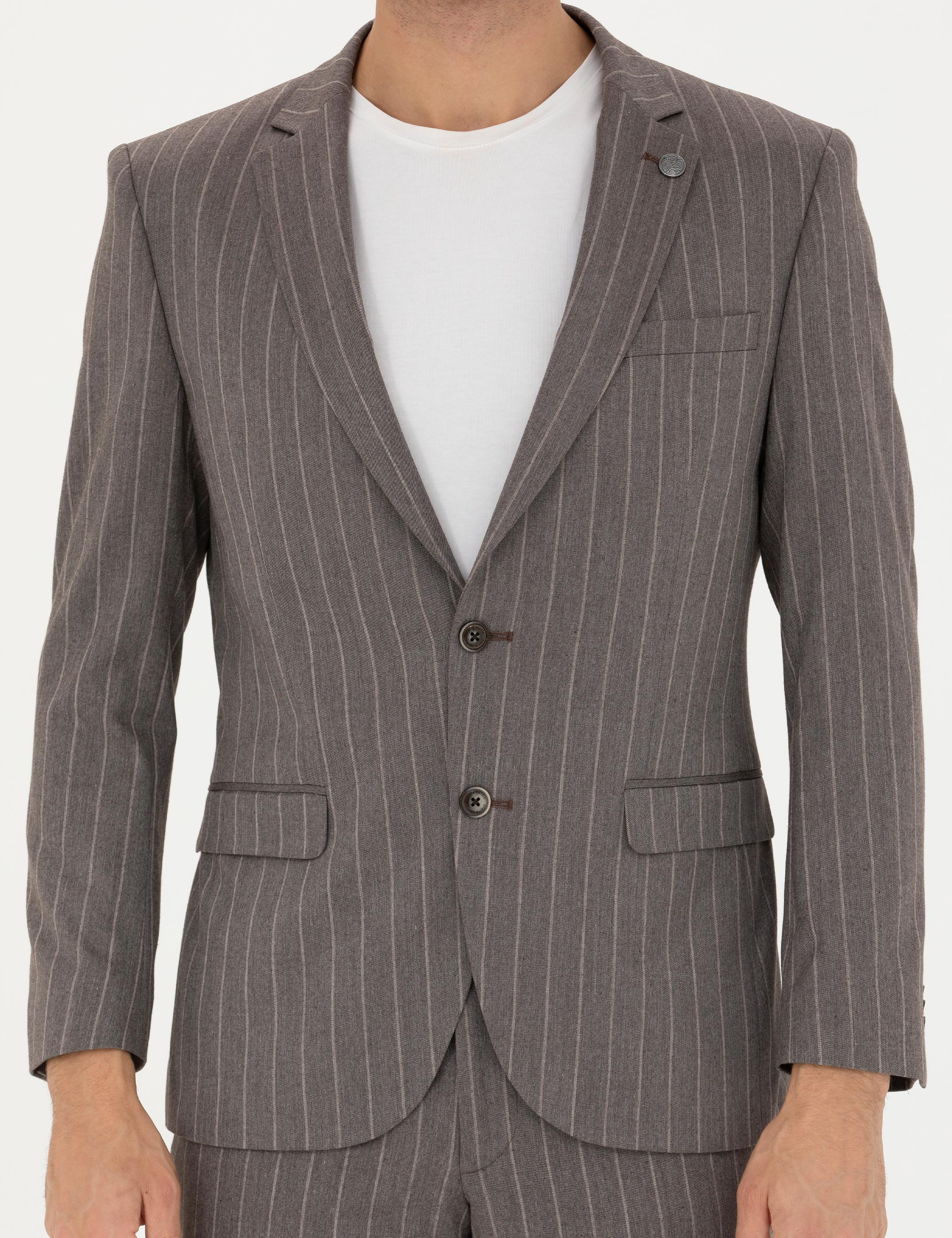 Açık Kahverengi Extra Slim Fit Çizgili Takım Elbise