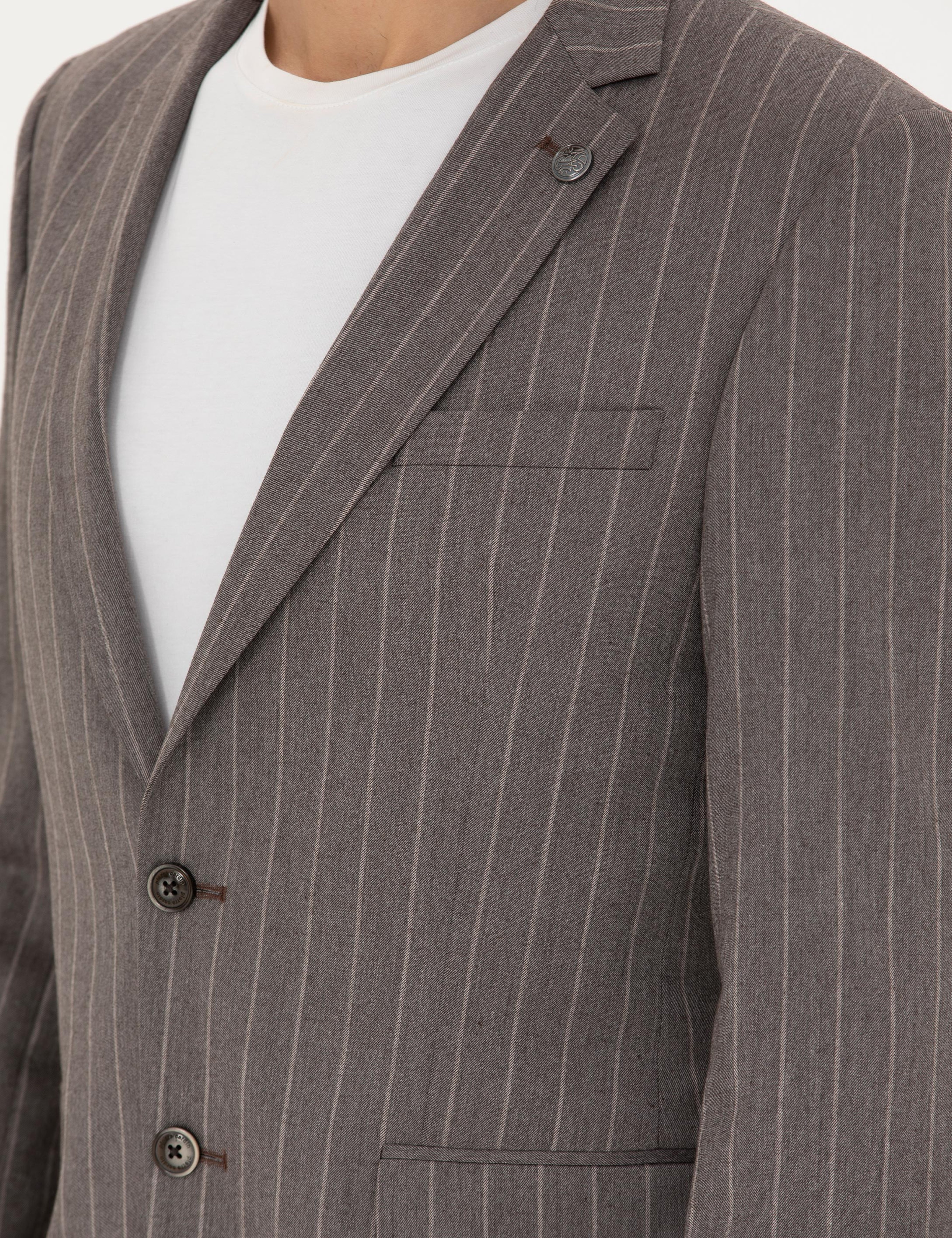 Açık Kahverengi Extra Slim Fit Çizgili Takım Elbise