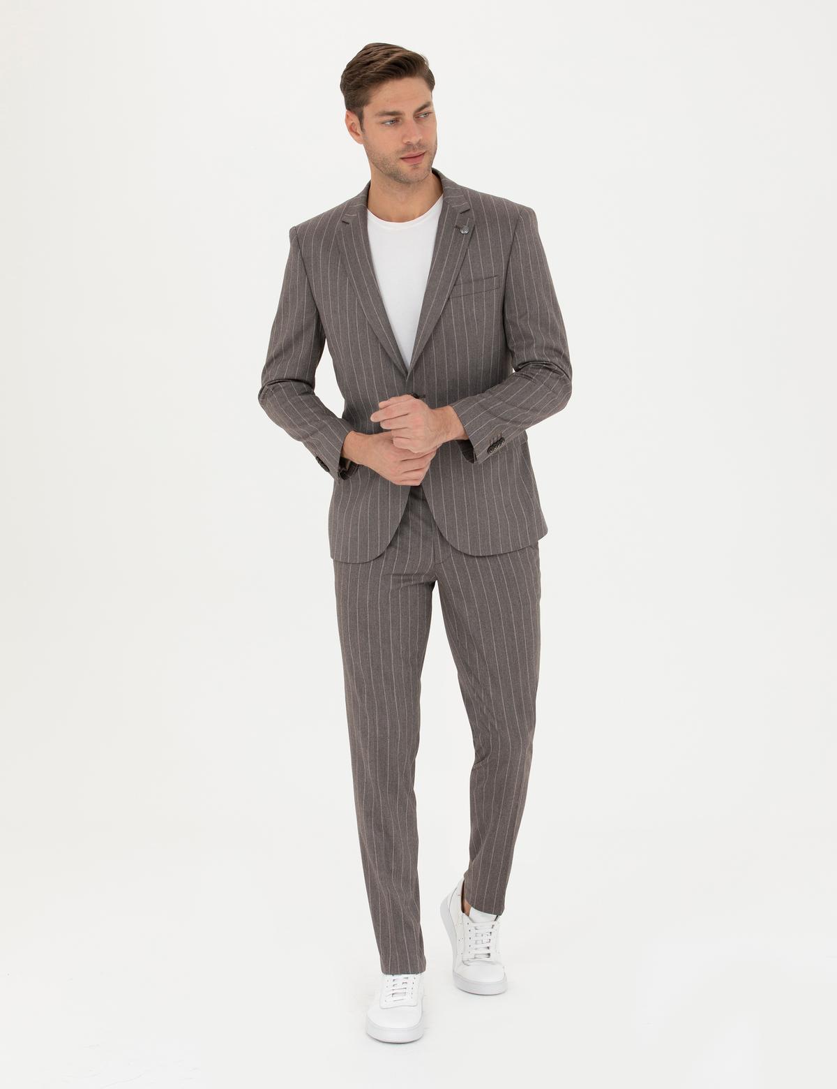 Açık Kahverengi Ex. Slim Fit Çizgili Takım Elbise