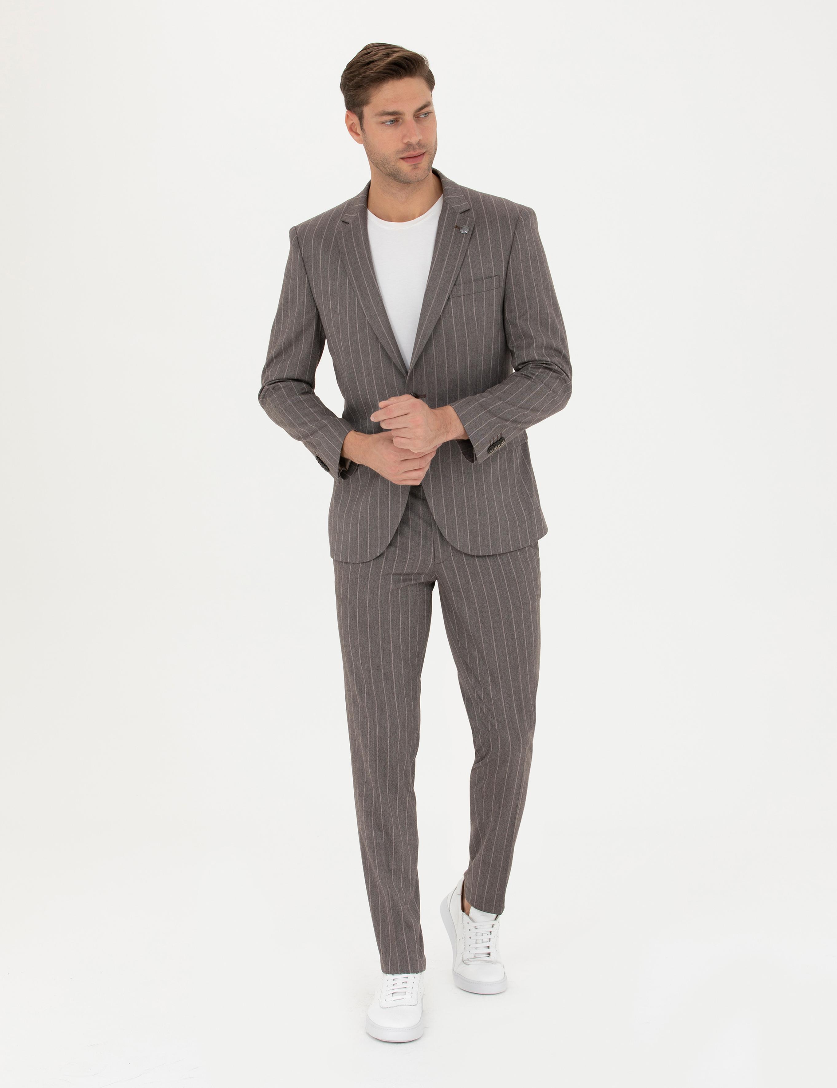 Açık Kahverengi Ex. Slim Fit Çizgili Takım Elbise