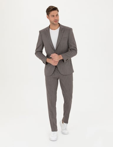 Açık Kahverengi Extra Slim Fit Çizgili Takım Elbise
