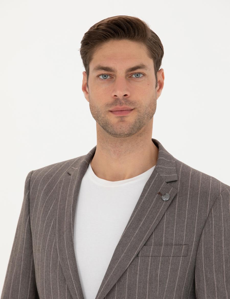 Açık Kahverengi Ex. Slim Fit Çizgili Takım Elbise