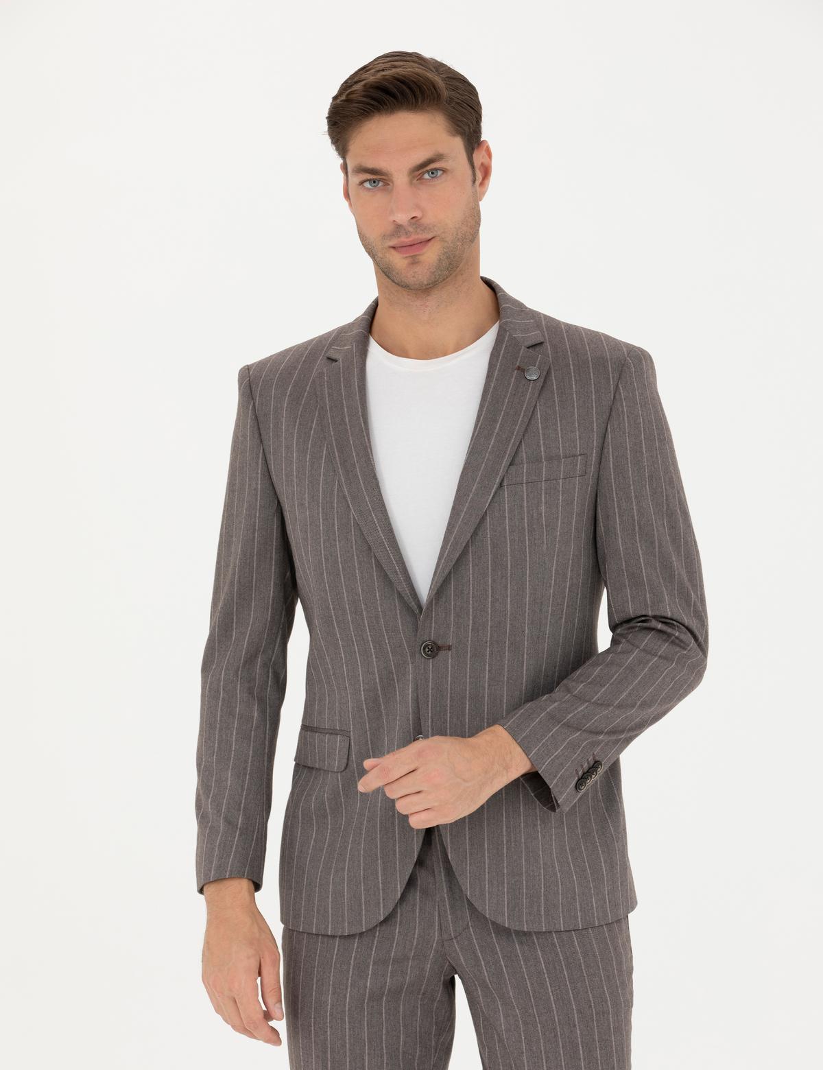 Açık Kahverengi Ex. Slim Fit Çizgili Takım Elbise - 50273543011