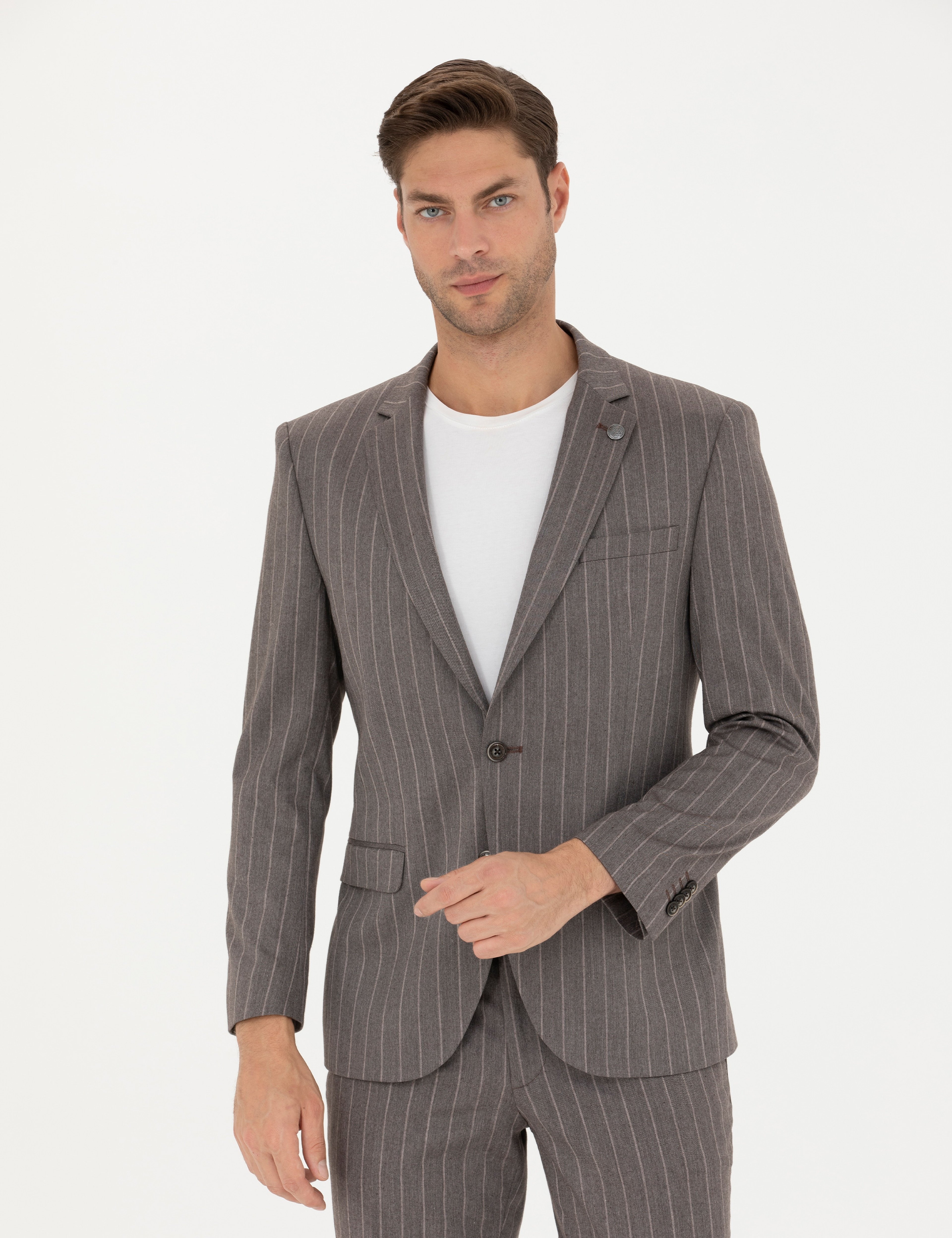 Açık Kahverengi Extra Slim Fit Çizgili Takım Elbise