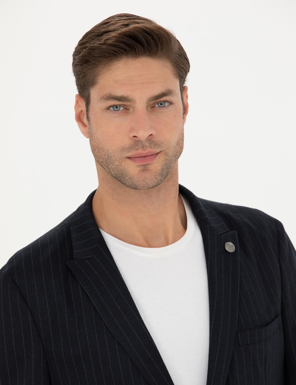 Lacivert Ekstra Slim Fit Yün Karışımlı Çizgili Takım Elbise - 50280322020